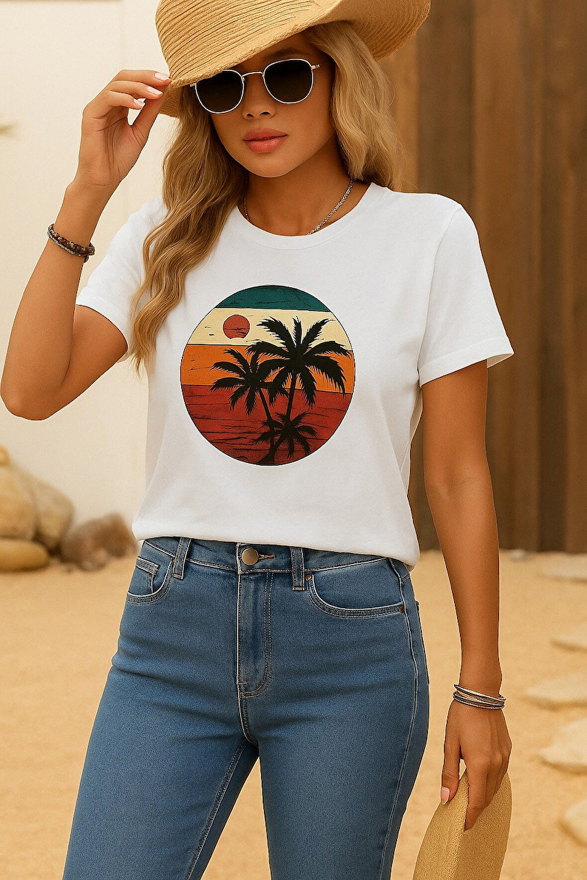 Reka Moda Kadın Kısa Kollu Palmiye Baskılı Viskon T-shirt