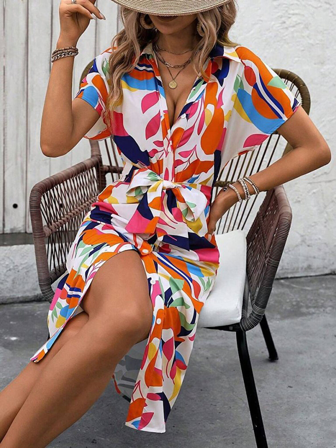 Reka Moda Kadın Kısa Kollu Yakalı önü Düğmeli önden Drapeli Desenli Süprem Elbise