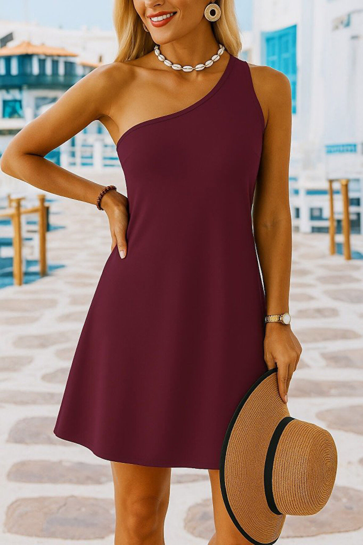 Reka Moda Kadın Tek Omuz Askılı Krep Mini Elbise