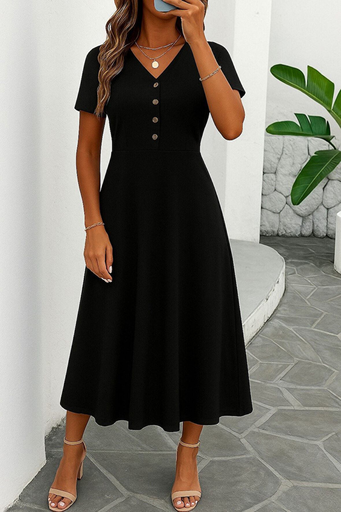 Reka Moda Kadın Kısa Kollu V Yakalı önden Düğmeli Yırtmaçlı Midi Viskon Elbise