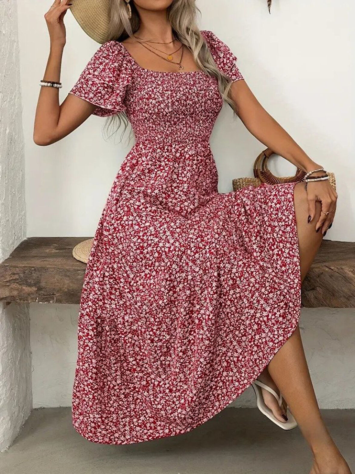 Reka Moda Kadın Kısa Kollu Gipe Detaylı Desenli Midi Süprem Elbise