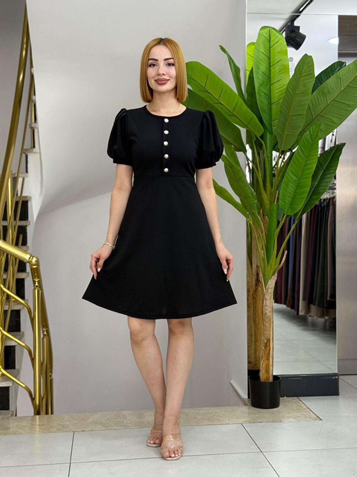 Reka Moda Kadın Kısa Kollu Bisiklet Yaka önden Düğmeli Ithal Krep Elbise