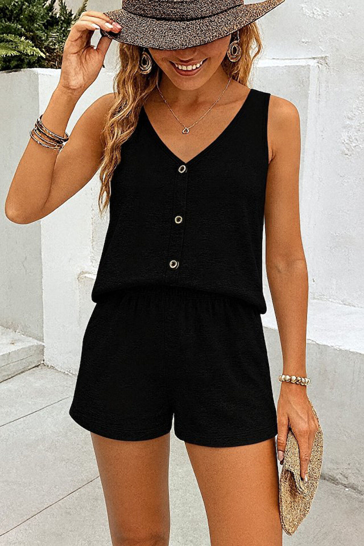 Reka Moda Kadın Askılı Kolsuz V Yakalı önden Düğmeli Bürümcük Bluz Ve Short Ikili Takım