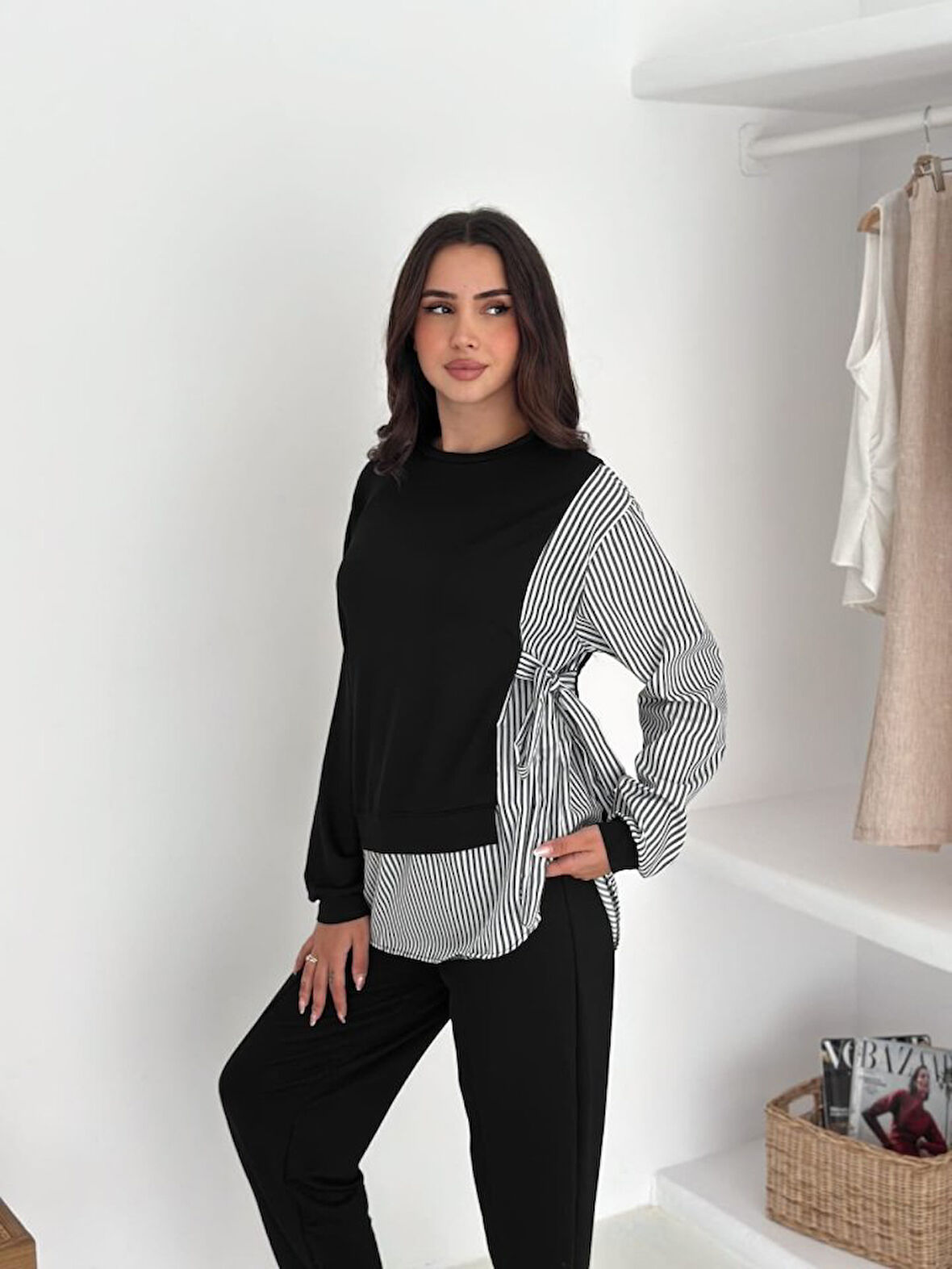 Reka Moda Kadın Gömlek Detay çizgili Yandan Bağlamalı Ikili Takım