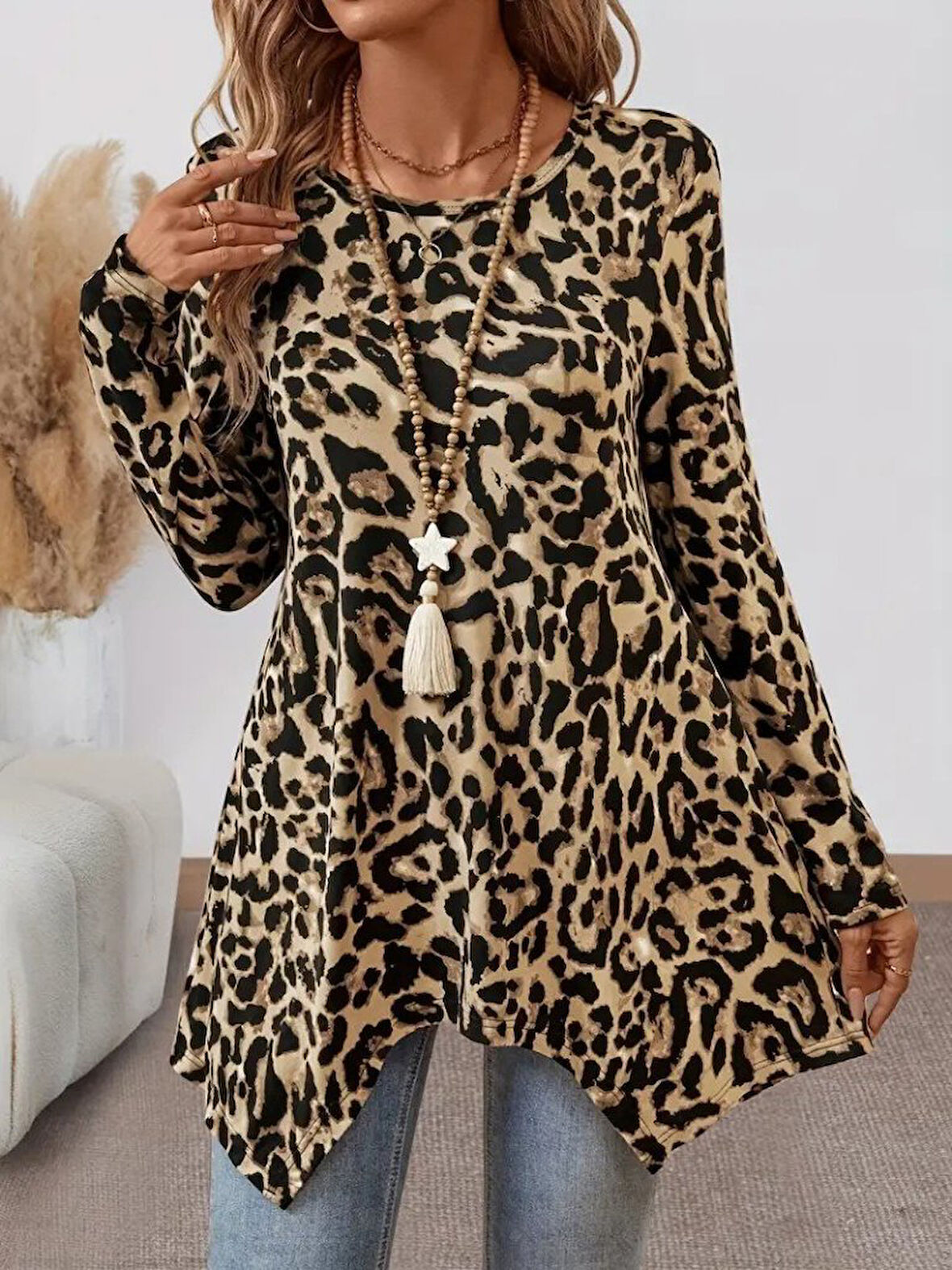 Reka Moda Kadın Uzun Kollu Bisiklet Yaka Leopar Desenli Süprem Bluz