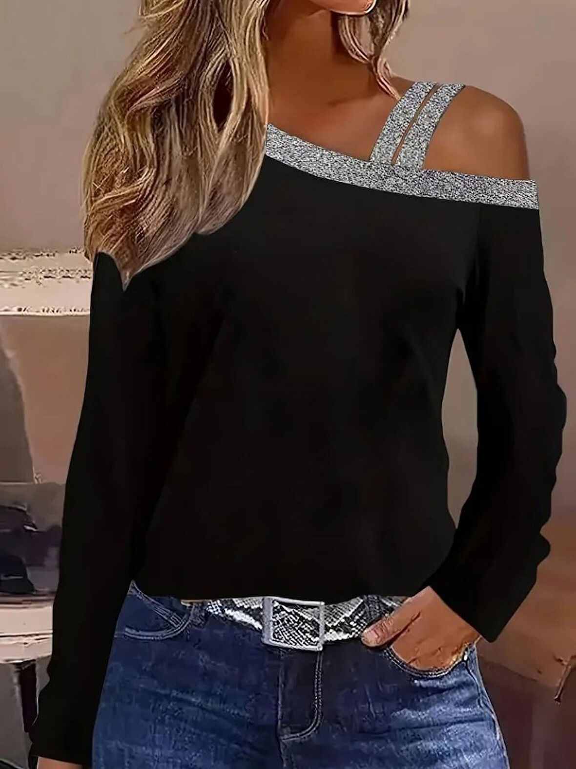 Reka Moda Kadın Uzun Kollu Omuzdan Askılı Sim Detaylı Viskon Iki Iplik Bluz