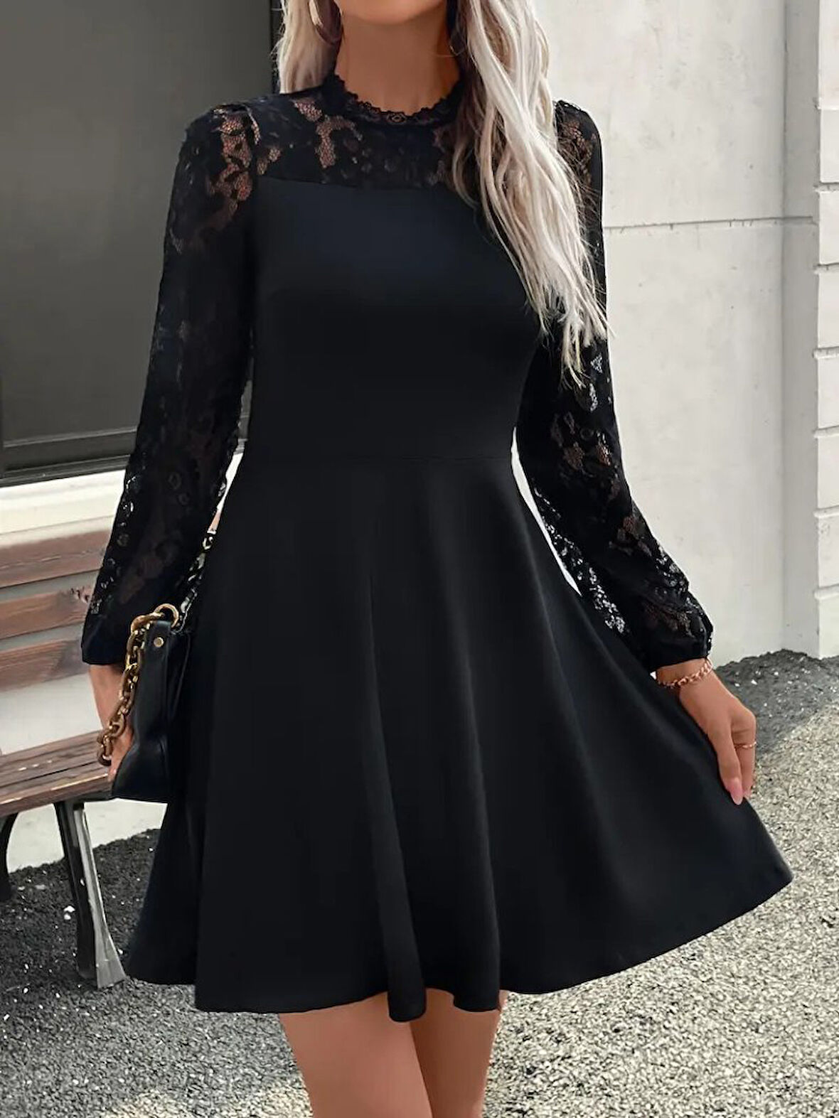Reka Moda Kadın Uzun Kollu Dantelli Kloş Mini Ithal Krep Elbise