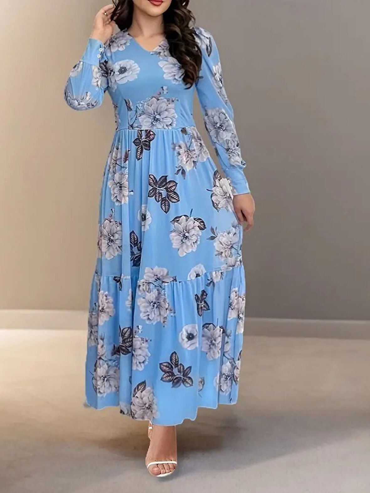 Reka Moda Kadın Uzun Kollu V Yakalı çiçek Desenli Maxi Süprem Elbise