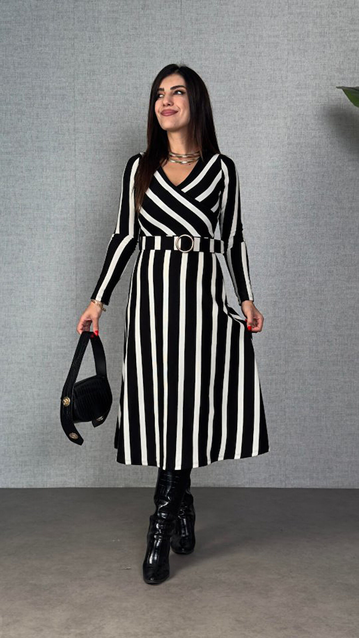 Reka Moda Kadın Uzun Kollu Kruvaze Yaka Kemer Dahil çizgili Triko Elbise