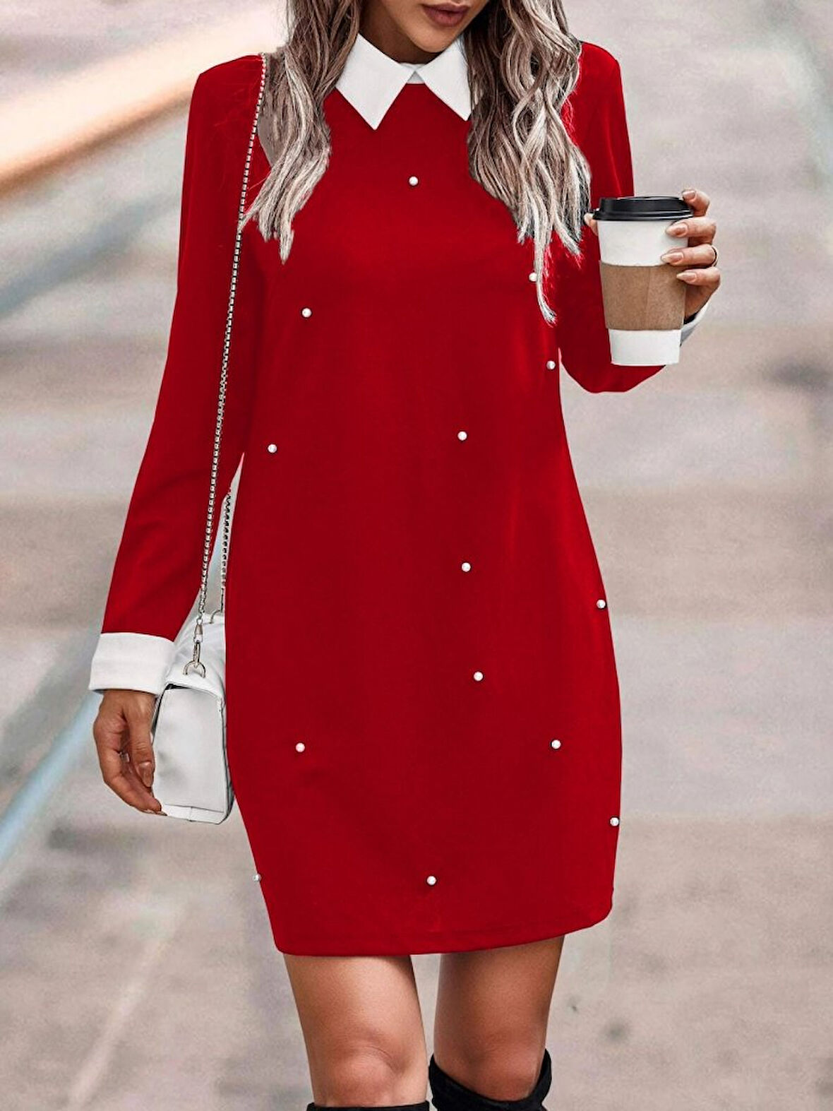 Reka Moda Kadın Uzun Kollu Polo Yaka Inci Detay Krep Elbise