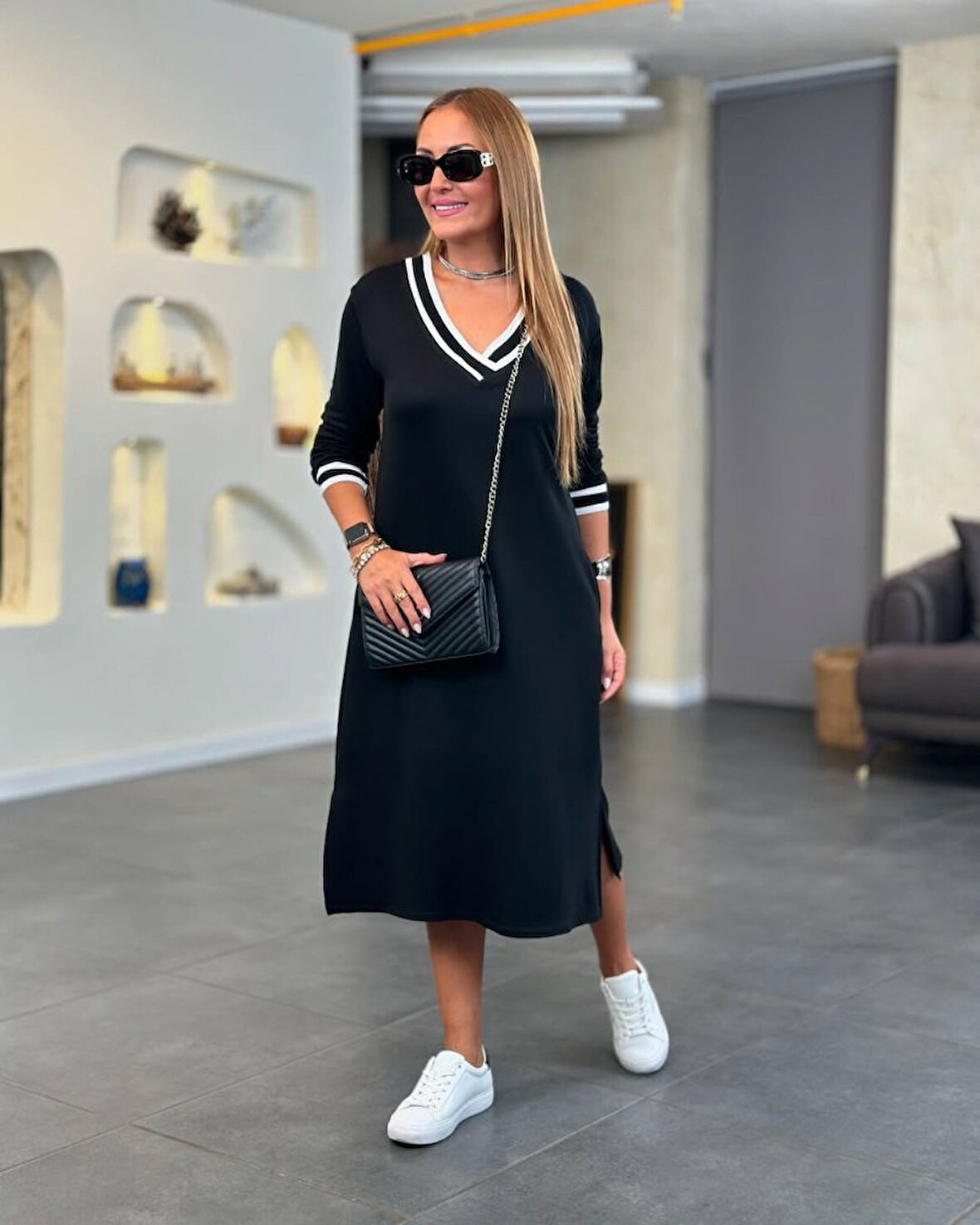 Reka Moda Kadın Uzun Kollu V Ribana Yakalı Yanlardan Yırtmaçlı Midi Viskon Iki Iplik Elbise