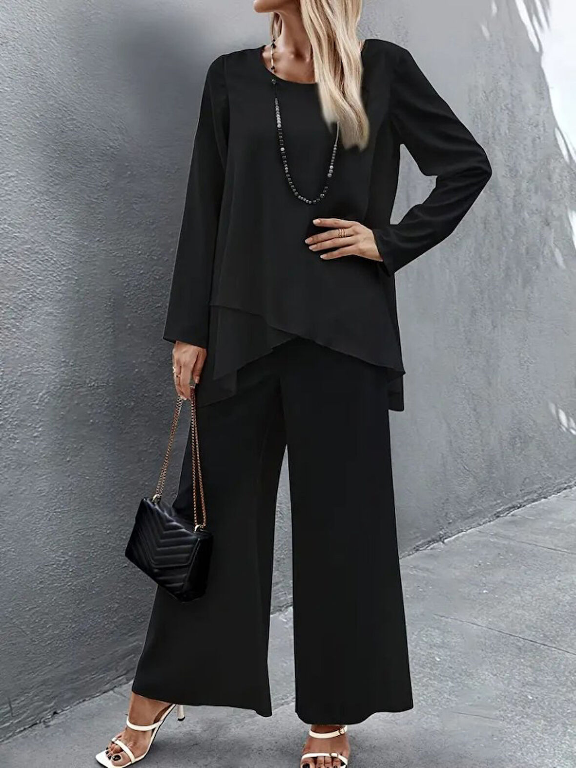 Reka Moda Kadın Uzun Kollu Asimetrik Detaylı Salaş Sandy Bluz Ve Pantolon Ikili Takım