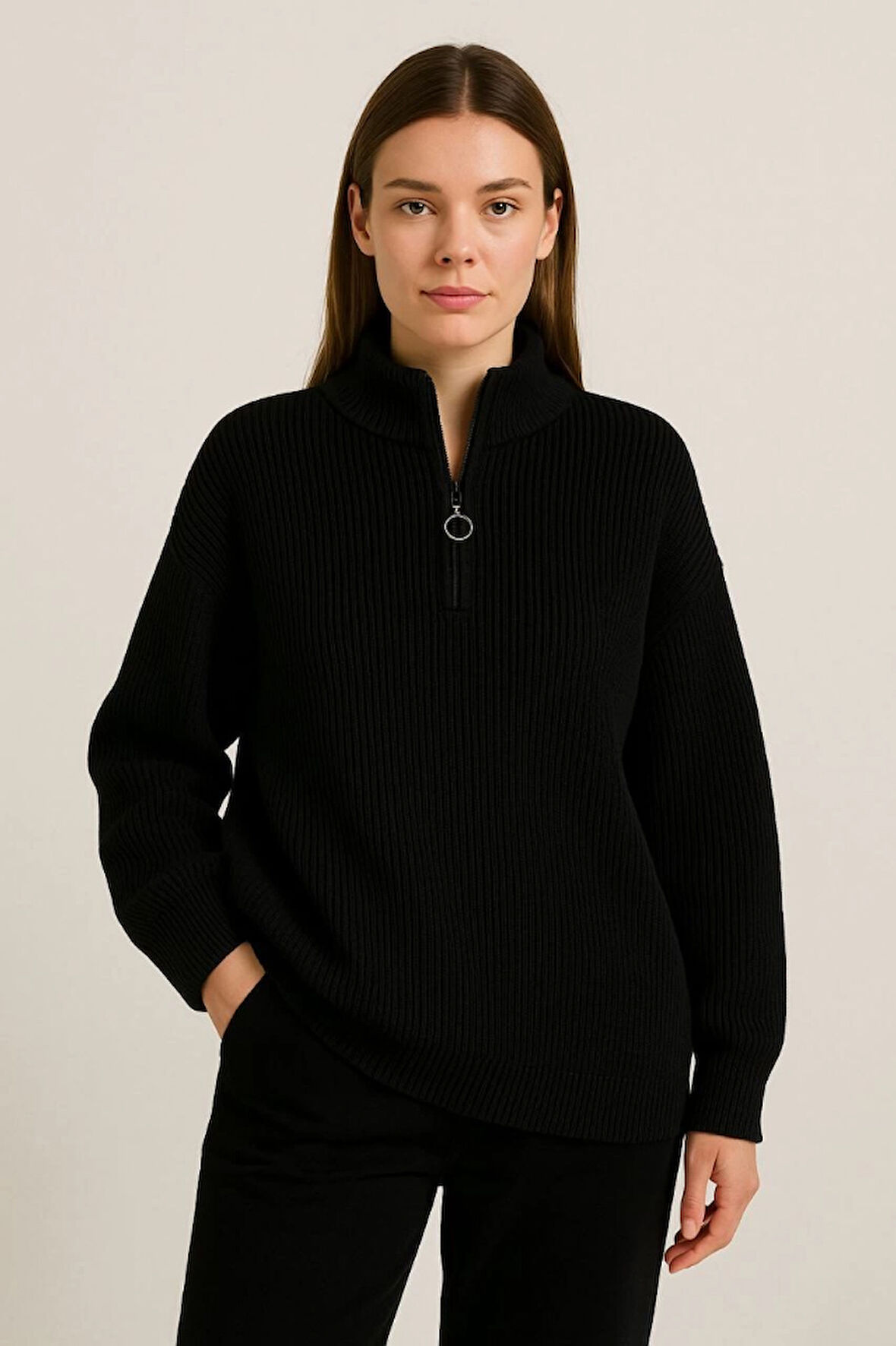 Reka Moda KADIN Yarım Fermuarlı Triko Kazak – Selanik Örgü, Dik Yaka, Pamuklu Dokuma, Oversize Uzun 