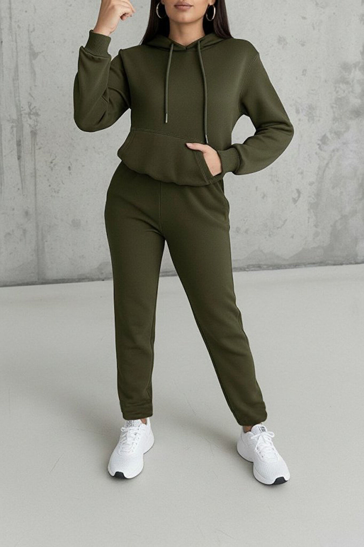 Reka Moda Kadın Uzun Kollu Kapşonlu Bağcıklı üç Iplik Bluz Ve Pantolon Ikili Takım