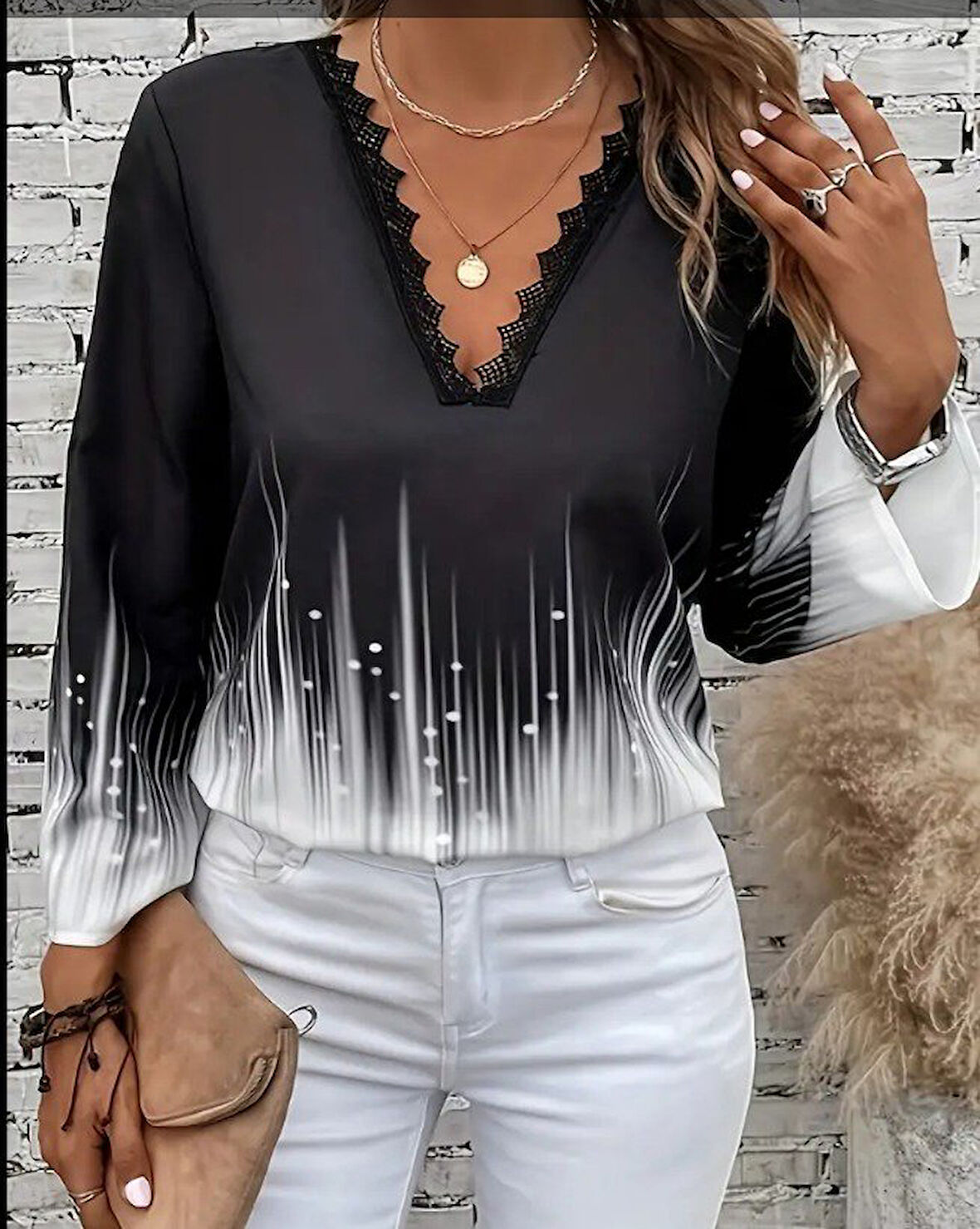 Reka Moda Kadın Uzun Kollu V Dantel Yaka Desenli Modal Bluz