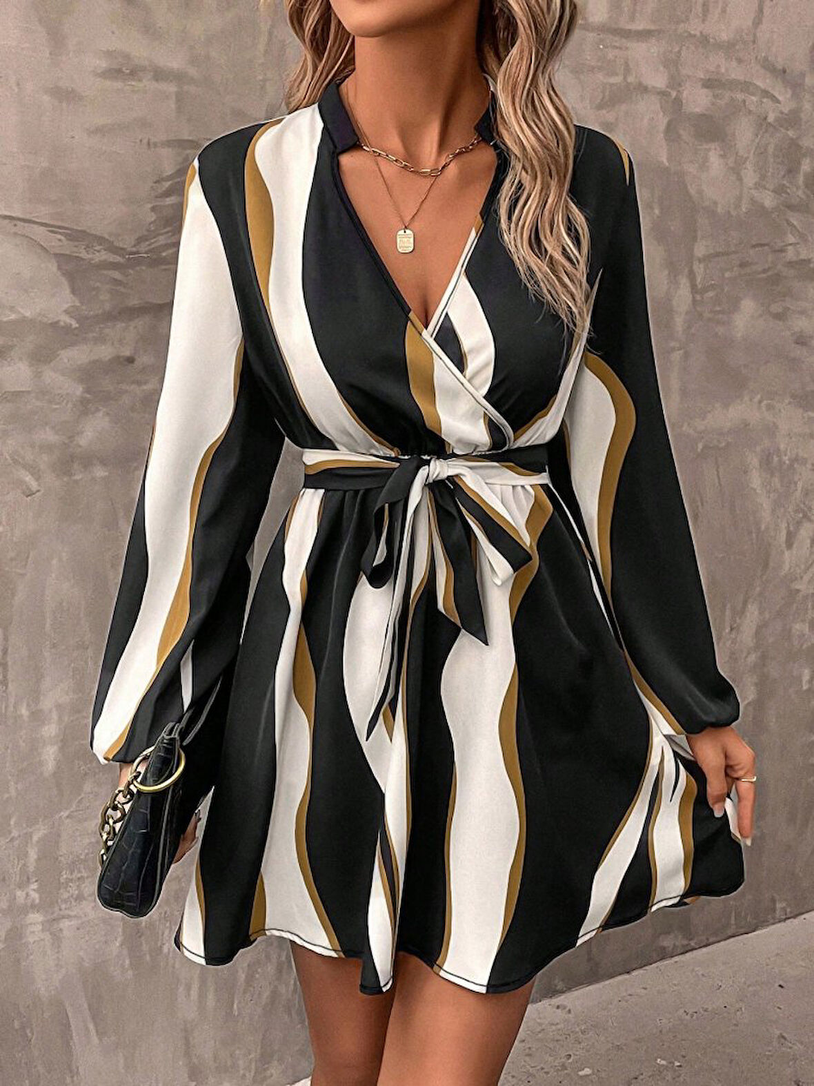 Reka Moda Kadın Uzun Kollu Kruvaze Yakalı Desenli Modal Mini Elbise