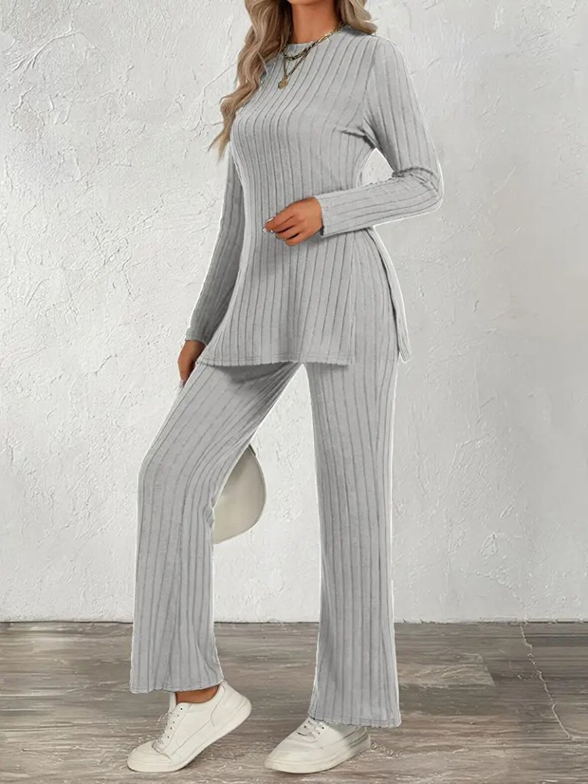 Reka Moda Kadın Uzun Kollu Bisiklet Yaka Yandan Yırtmaçlı şardonlu Kaşkorse Bluz Ve Pantolon Ikili Takım