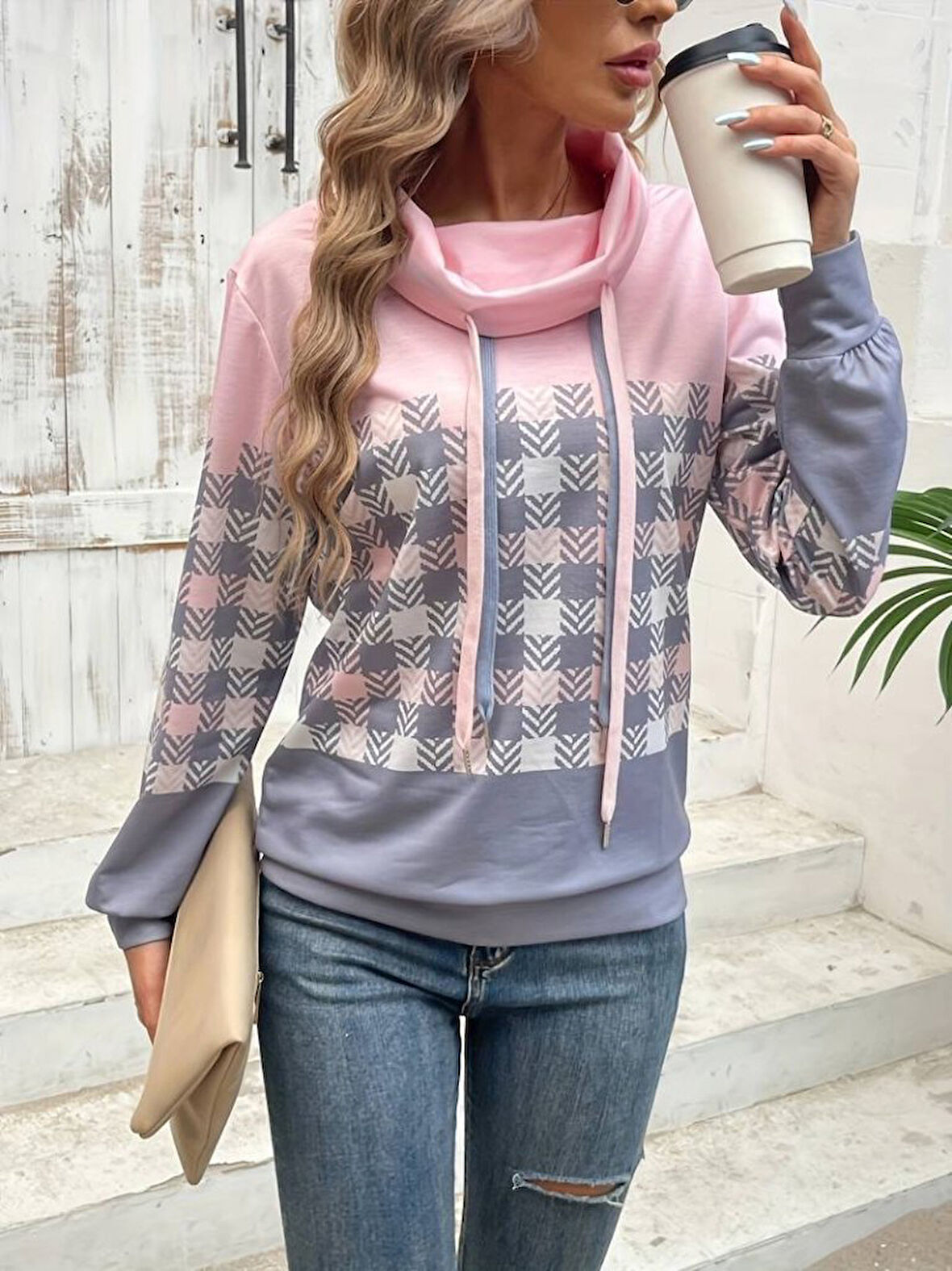 Reka Moda Kadın Uzun Kollu Balıkçı Yaka Bağcıklı Desenli şardonlu Dalgıç Bluz