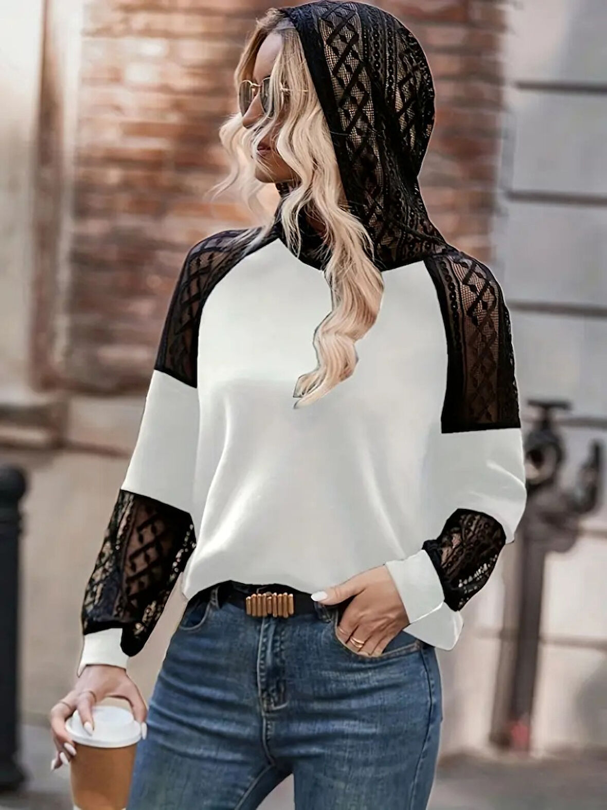 Reka Moda Kadın Uzun Kollu Dantelli Kapşonlu Viskon Iki Iplik Bluz