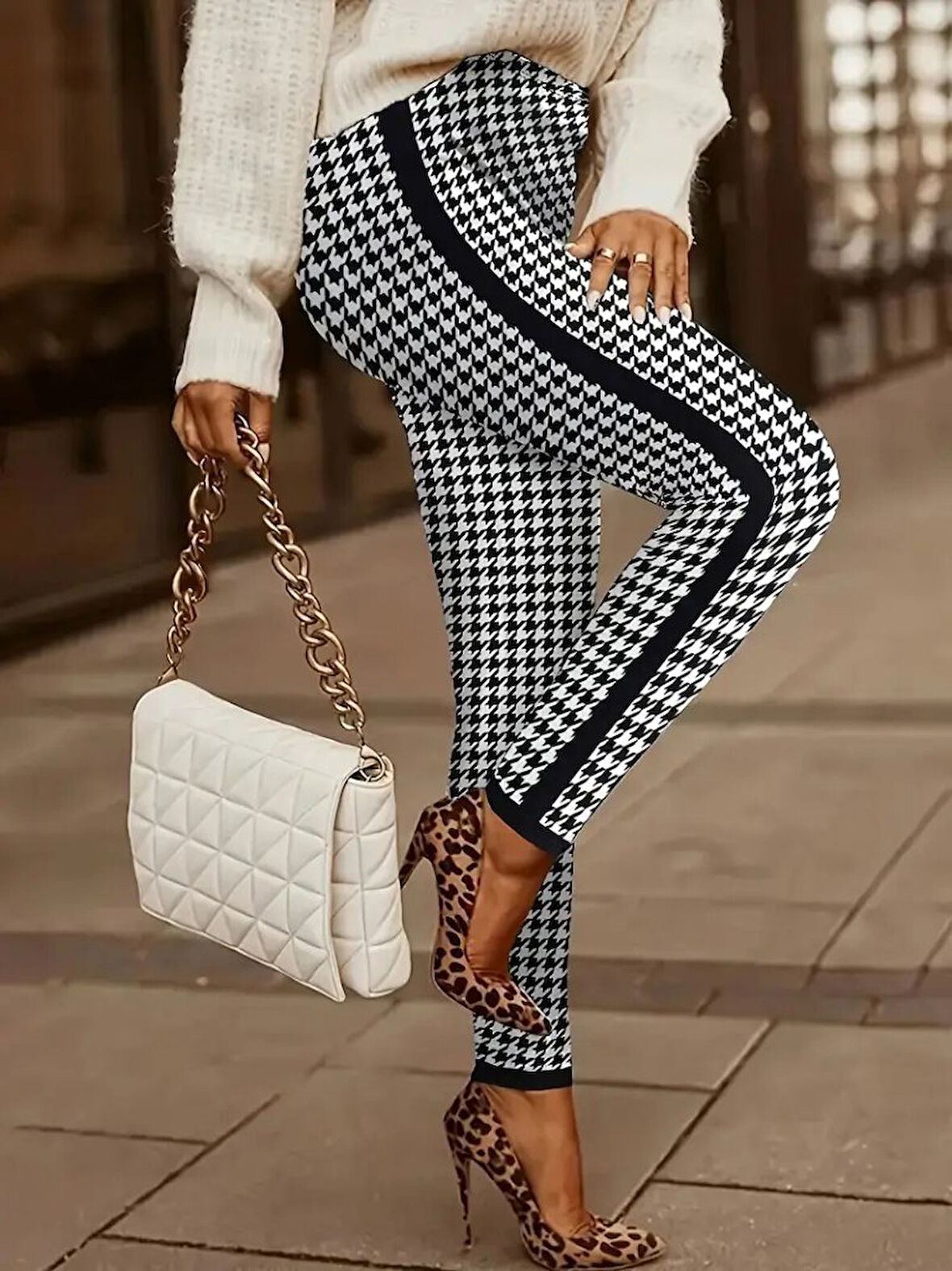 Reka Moda Kadın Yüksek Bel Kaz Ayağı Desenli Yanları şeritli Dalgıç Pantolon