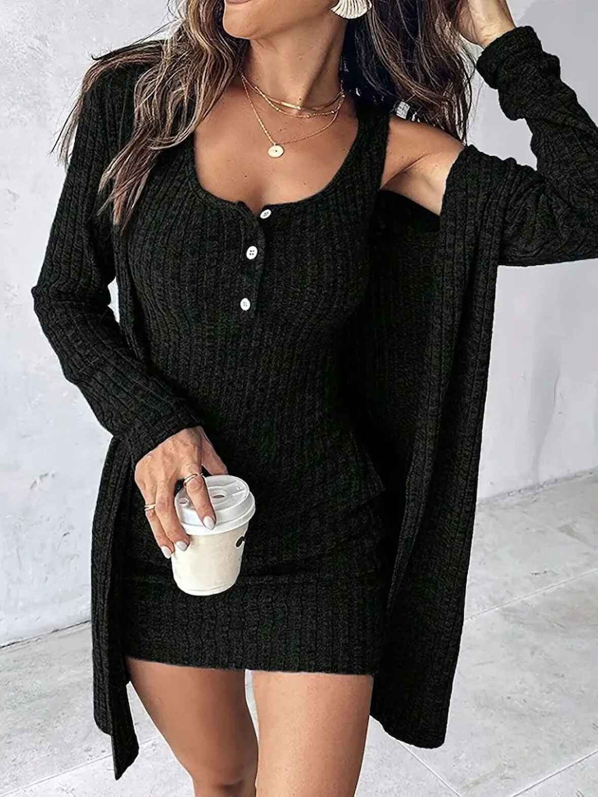 Reka Moda Kadın Askılı Yuvarlak Yakalı önü Düğmeli şardonlu Kaşkorse Mini Elbise Ve Kısa Ceket