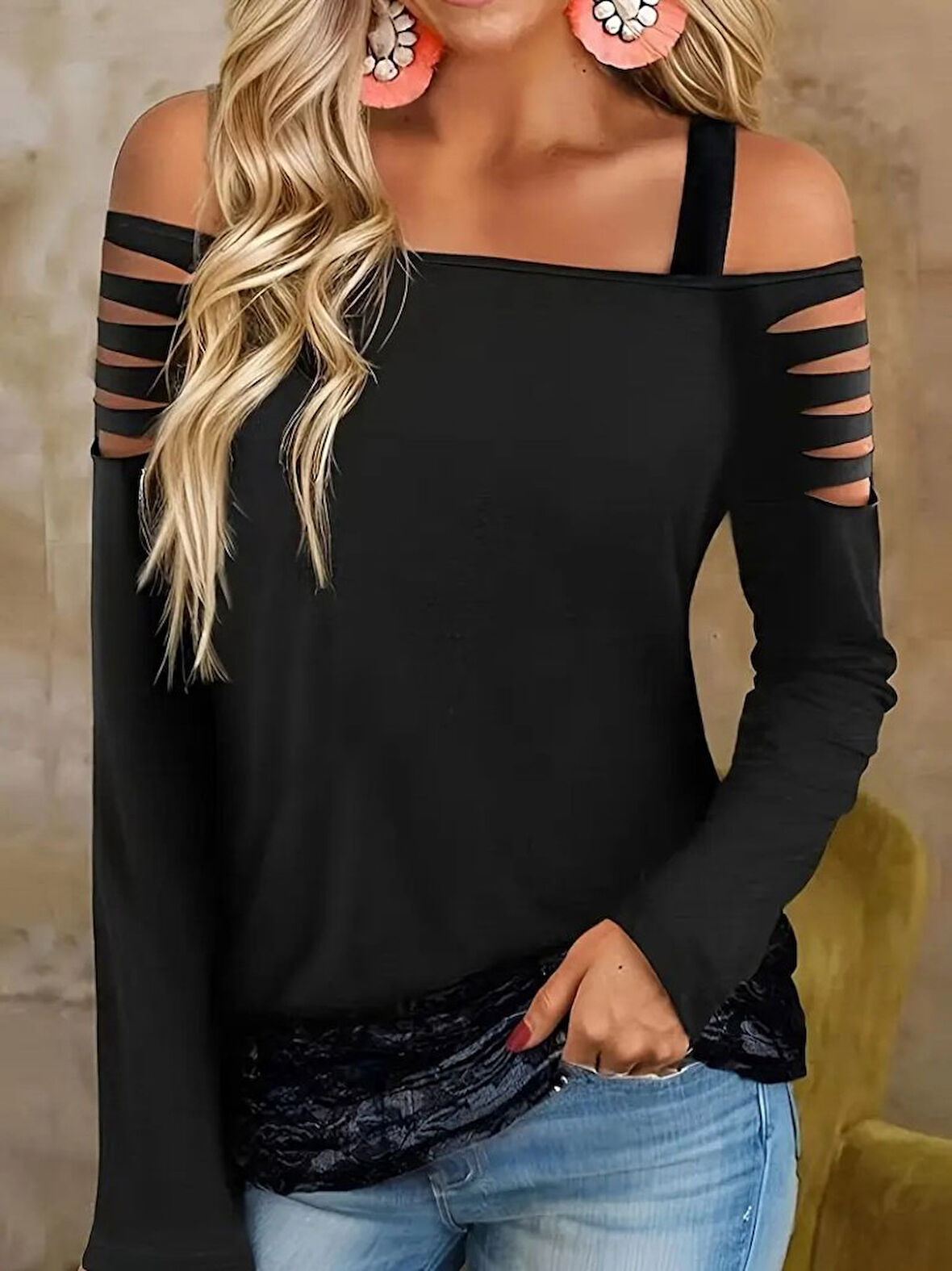 Reka Moda Kadın Uzun Lazer Kesik Detaylı Askılı Viskon Iki Iplik Bluz