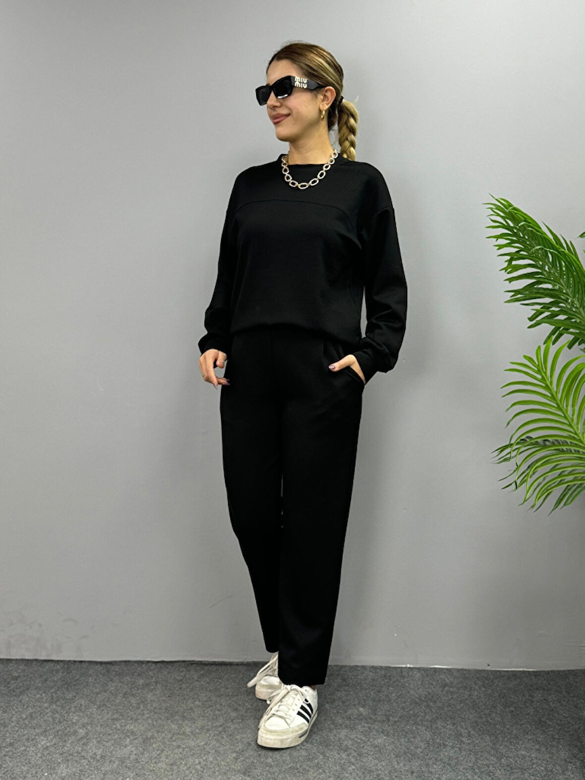 Reka Moda Kadın Uzun Kollu Bisiklet Yaka Viskon Iki Iplik Bluz Ve Pantolon Ikili Takım