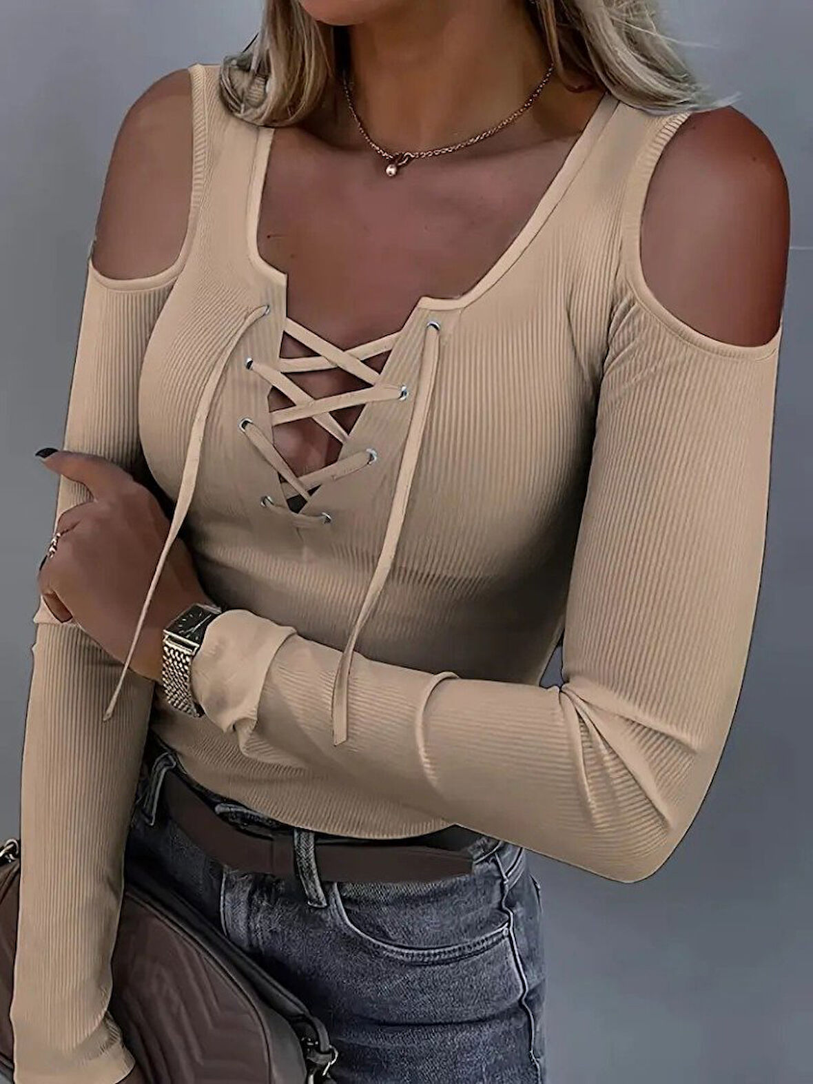 Reka Moda Kadın Omuzlardan Açık Uzun Kollu Bağcıklı Kaşkorse Bluz