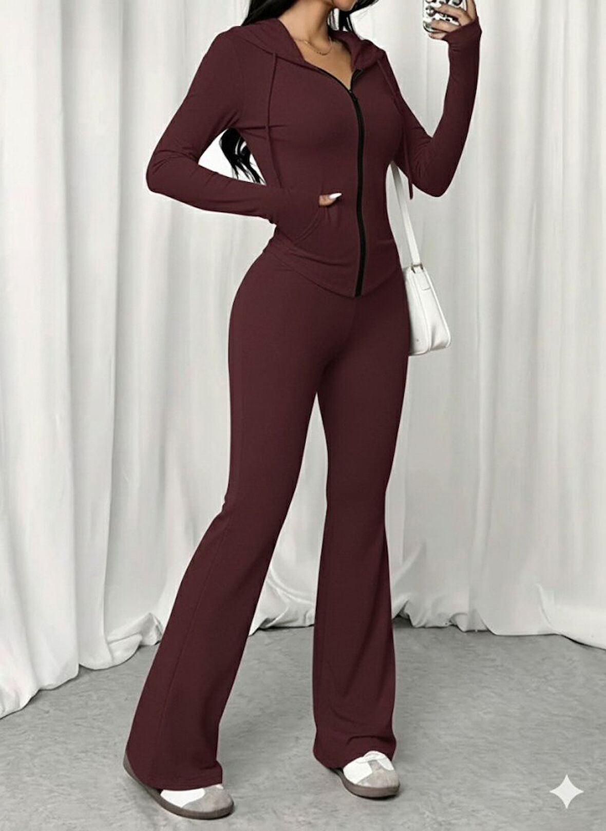 Reka Moda Kadın Uzun Kollu Kapşonlu Bağcıklı önü Fermuarlı Viskon Iki Iplik Bluz Ve Pantolon Ikili Takım