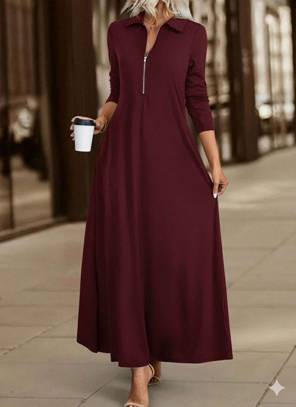 Reka Moda Kadın Uzun Kollu Yakalı önden Fermuarlı Uzun Viskon Iki Iplik Elbise