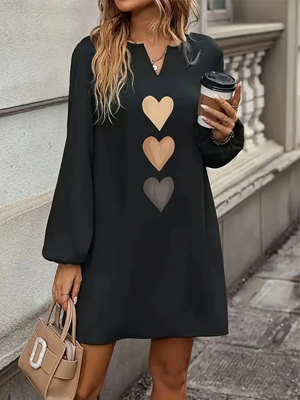 Reka Moda Kadın Uzun Kollu V Yakalı Kalp Desenli Mini Ithal Krep Elbise