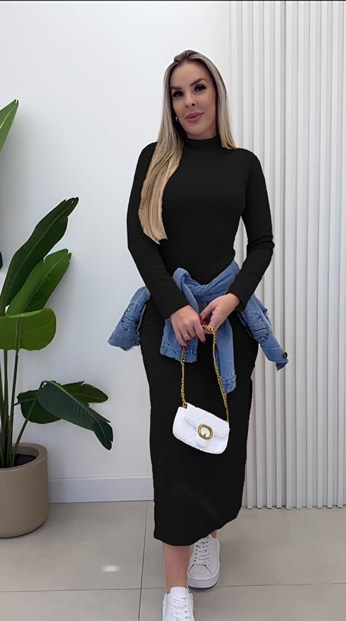 Reka Moda Kadın Uzun Kollu Balıkçı Yakalı Yanlardan Yırtmaçlı Kaşkorse Maxi Elbise