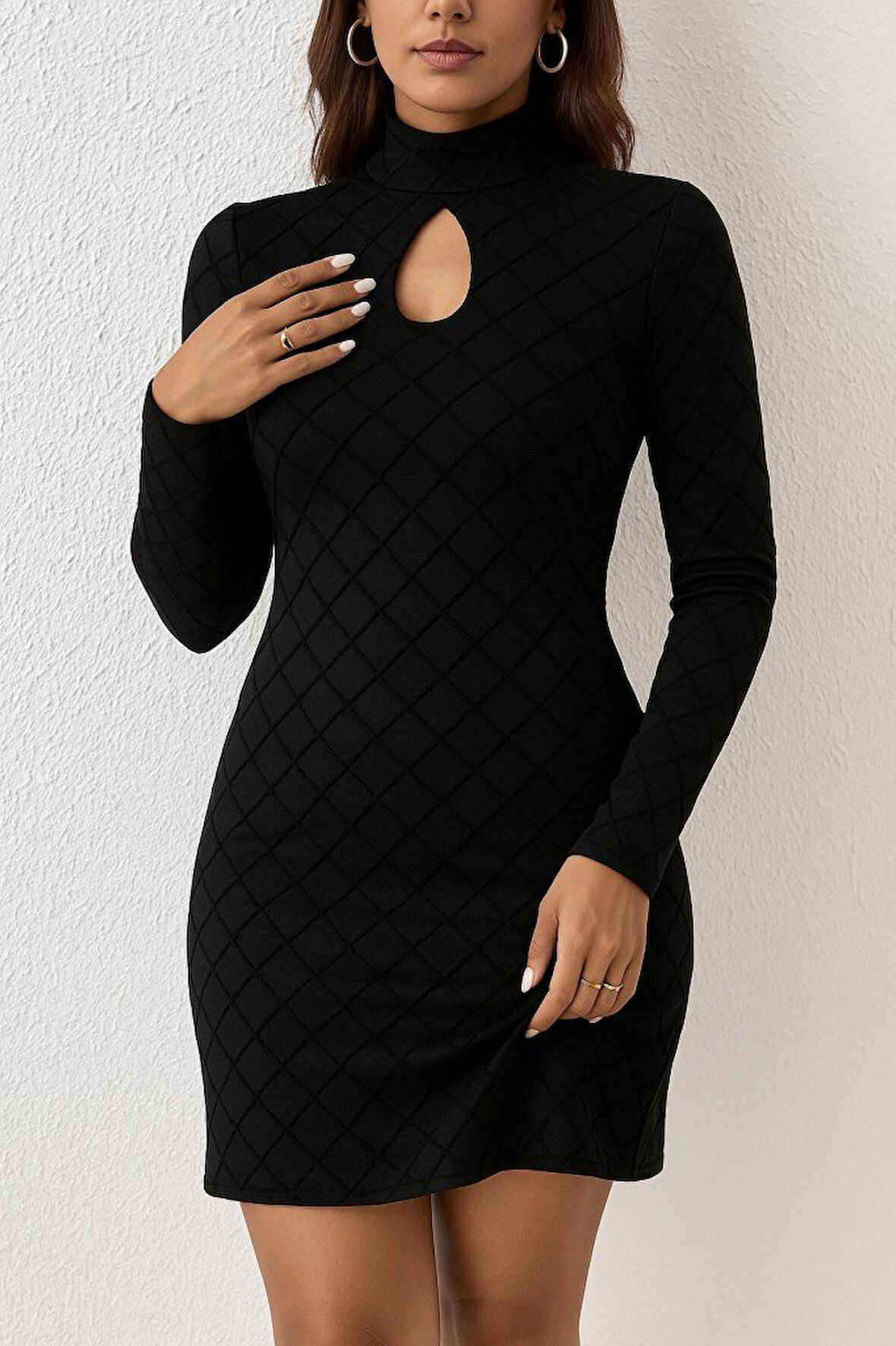 Reka Moda Kadın Uzun Kollu Damla Detay Flok Baskı Dalgıç Mini Elbise