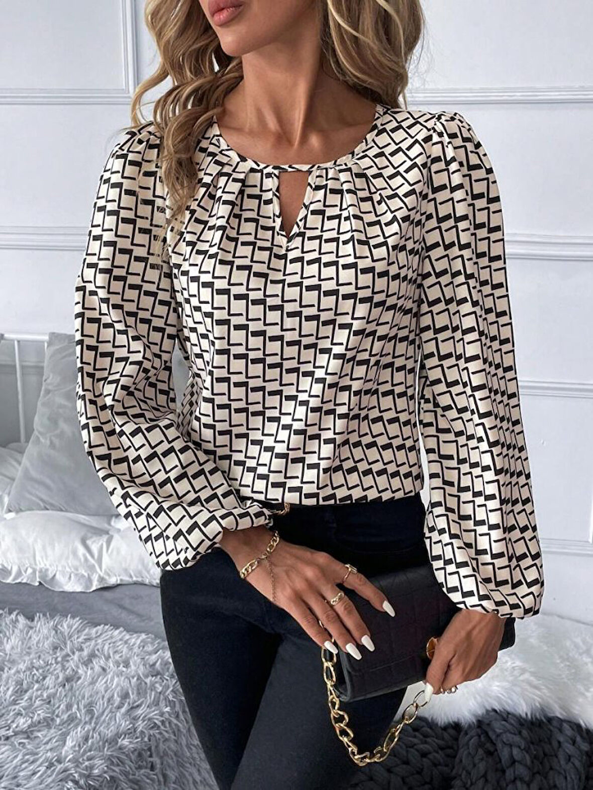 Reka Moda Kadın Uzun Kollu Damla Detaylı Yaka Desenli Süprem Bluz