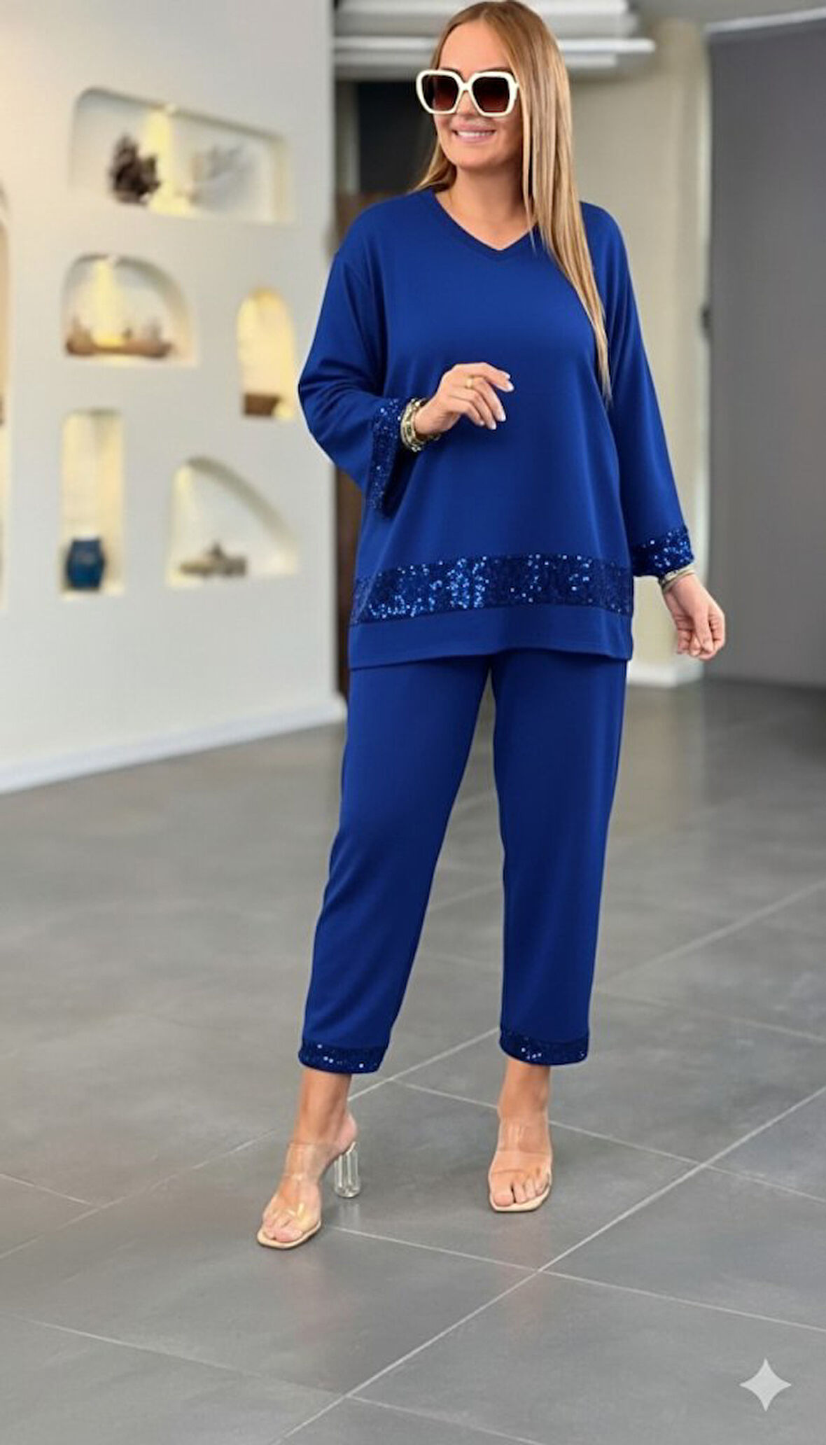 Reka Moda Kadın Uzun Kollu V Yakalı Pulpayet Viskon Iki Iplik Bluz Ve Pantolon Takım