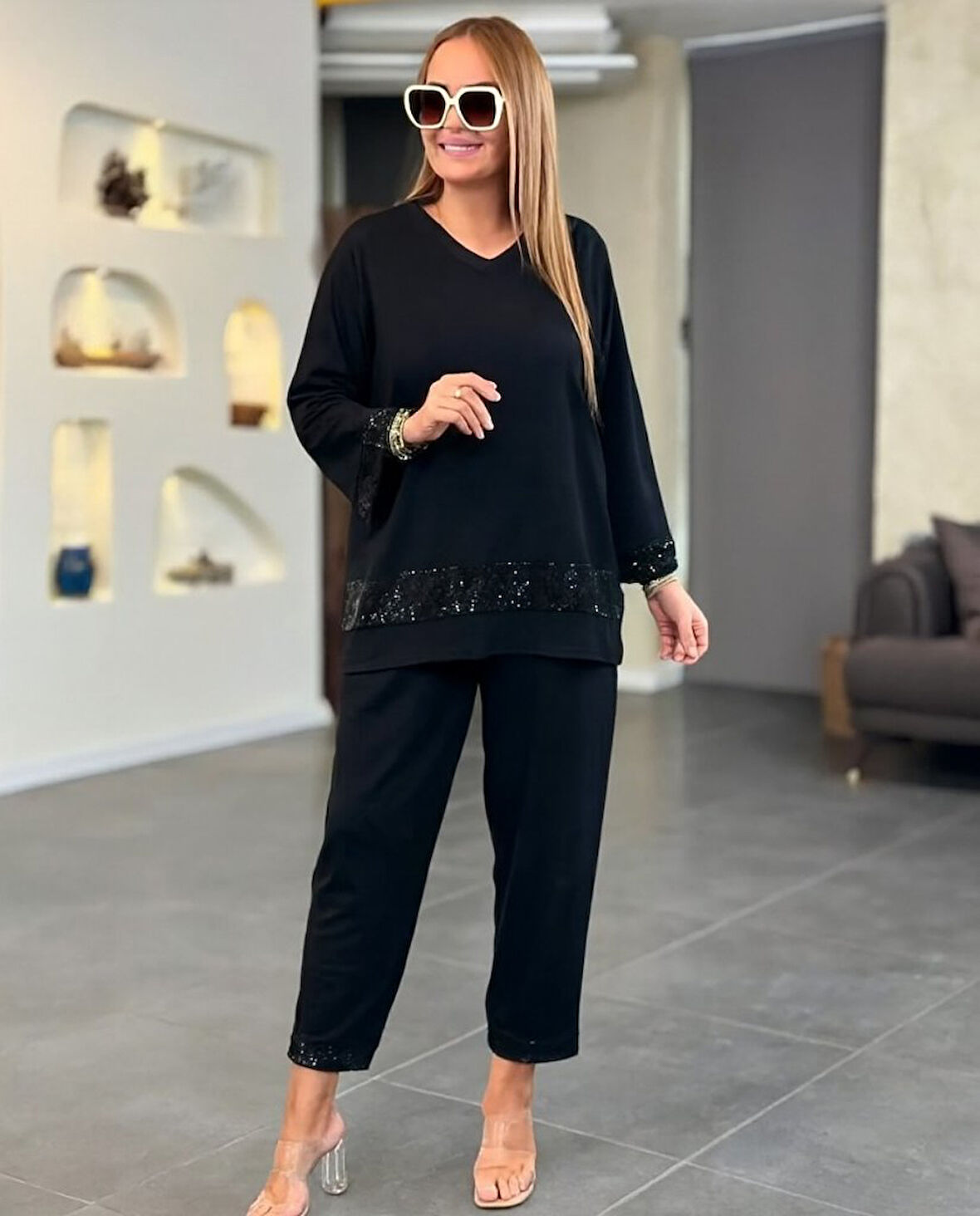 Reka Moda Kadın Uzun Kollu V Yakalı Pulpayet Viskon Iki Iplik Bluz Ve Pantolon Takım