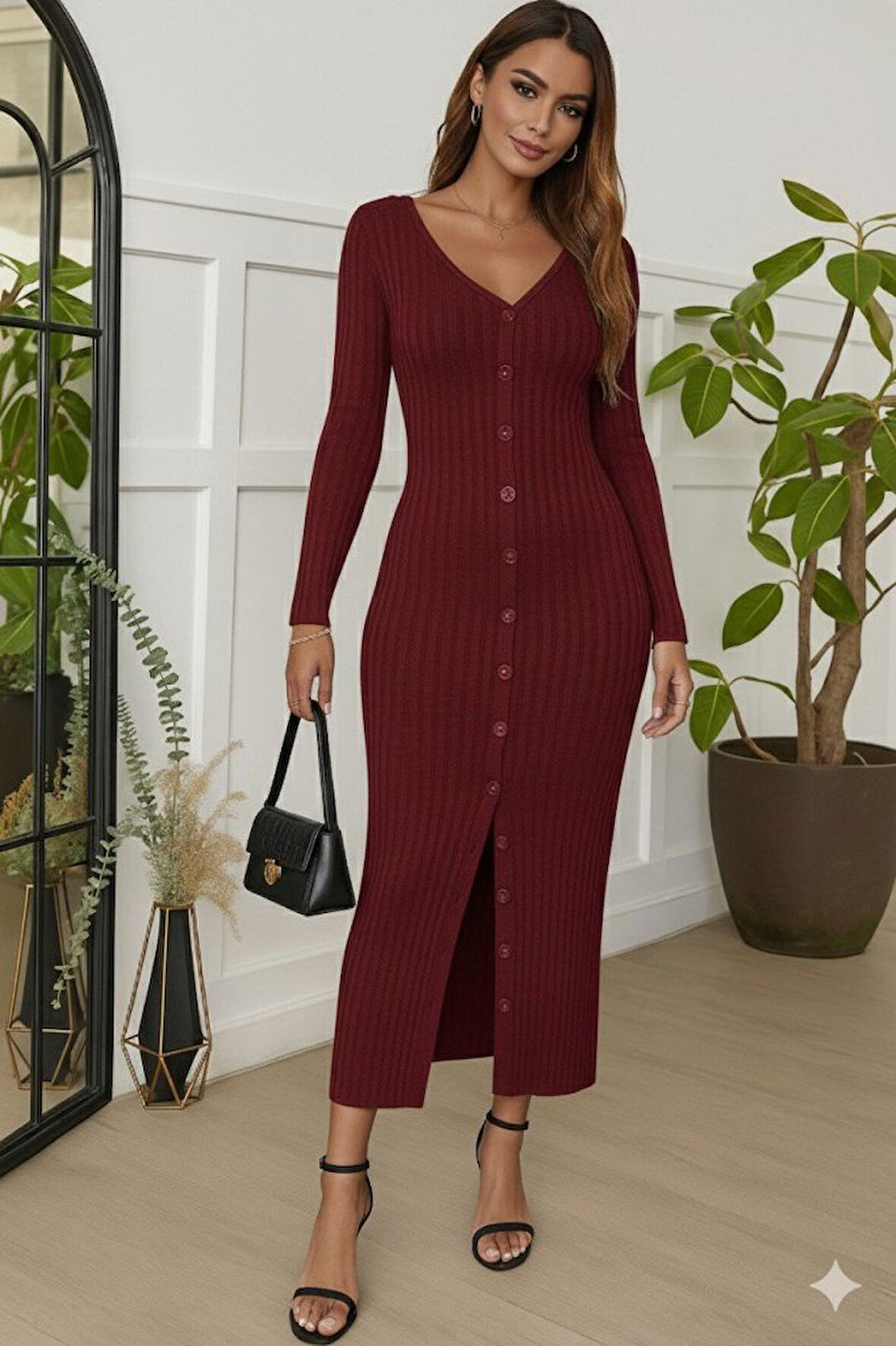 Reka Moda Kadın Uzun Kollu V Yakalı önden Düğmeli şardonlu Kaşkorse Elbise