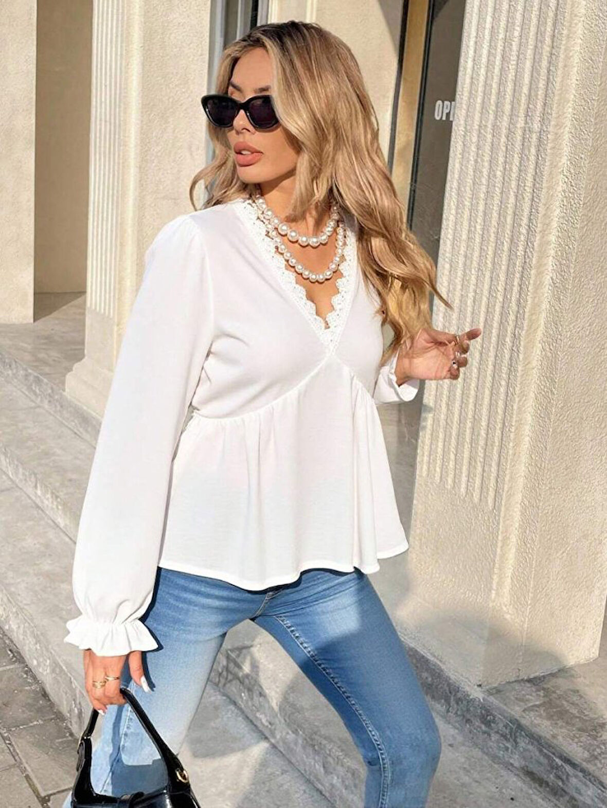 Reka Moda Kadın Uzun Kollu V Dantel Yaka Aerobin Bluz