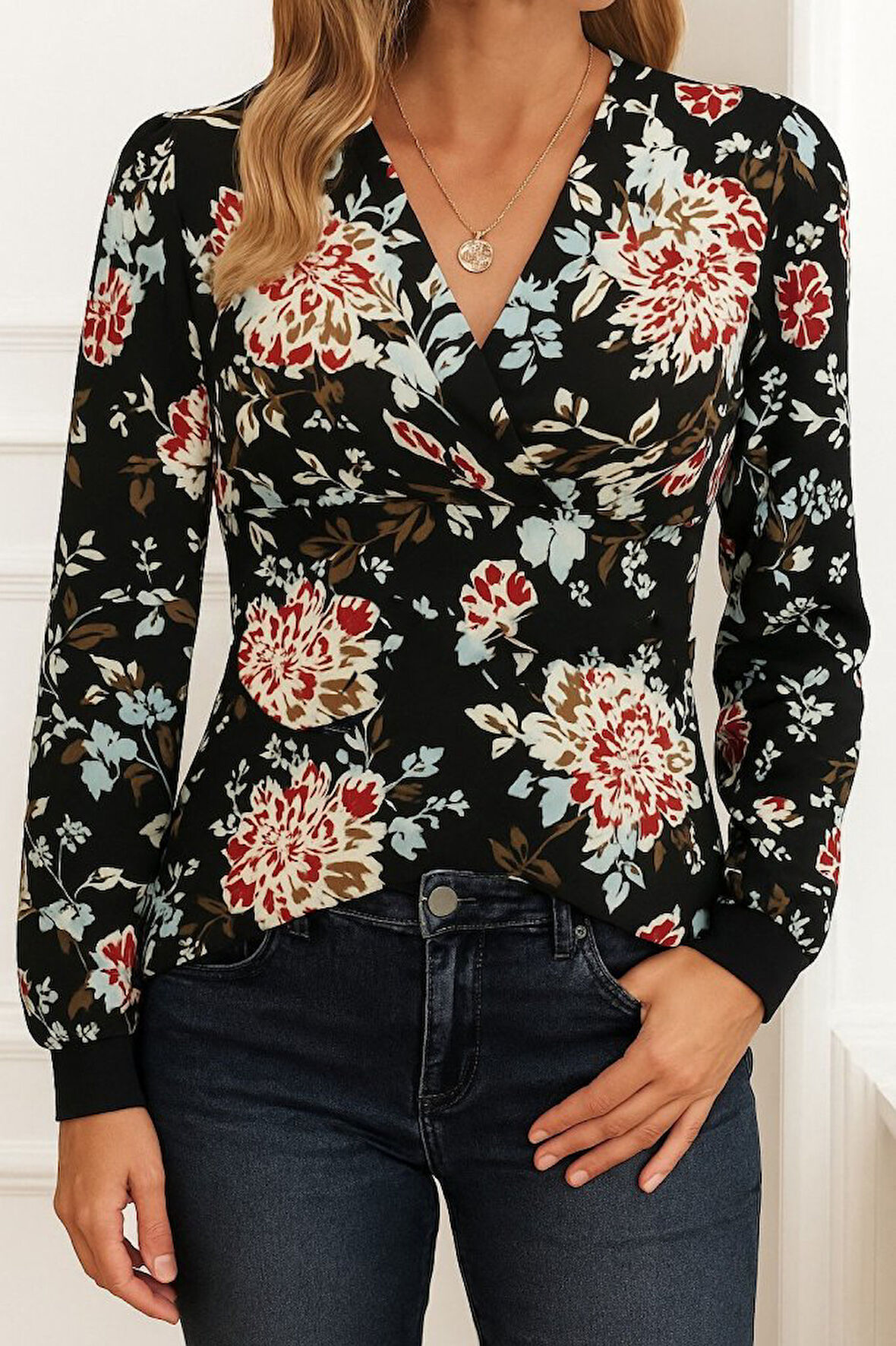 Reka Moda Kadın Uzun Kollu Kruvaze Yakalı Kelebek Desenli şardonlu Dalgıç Bluz