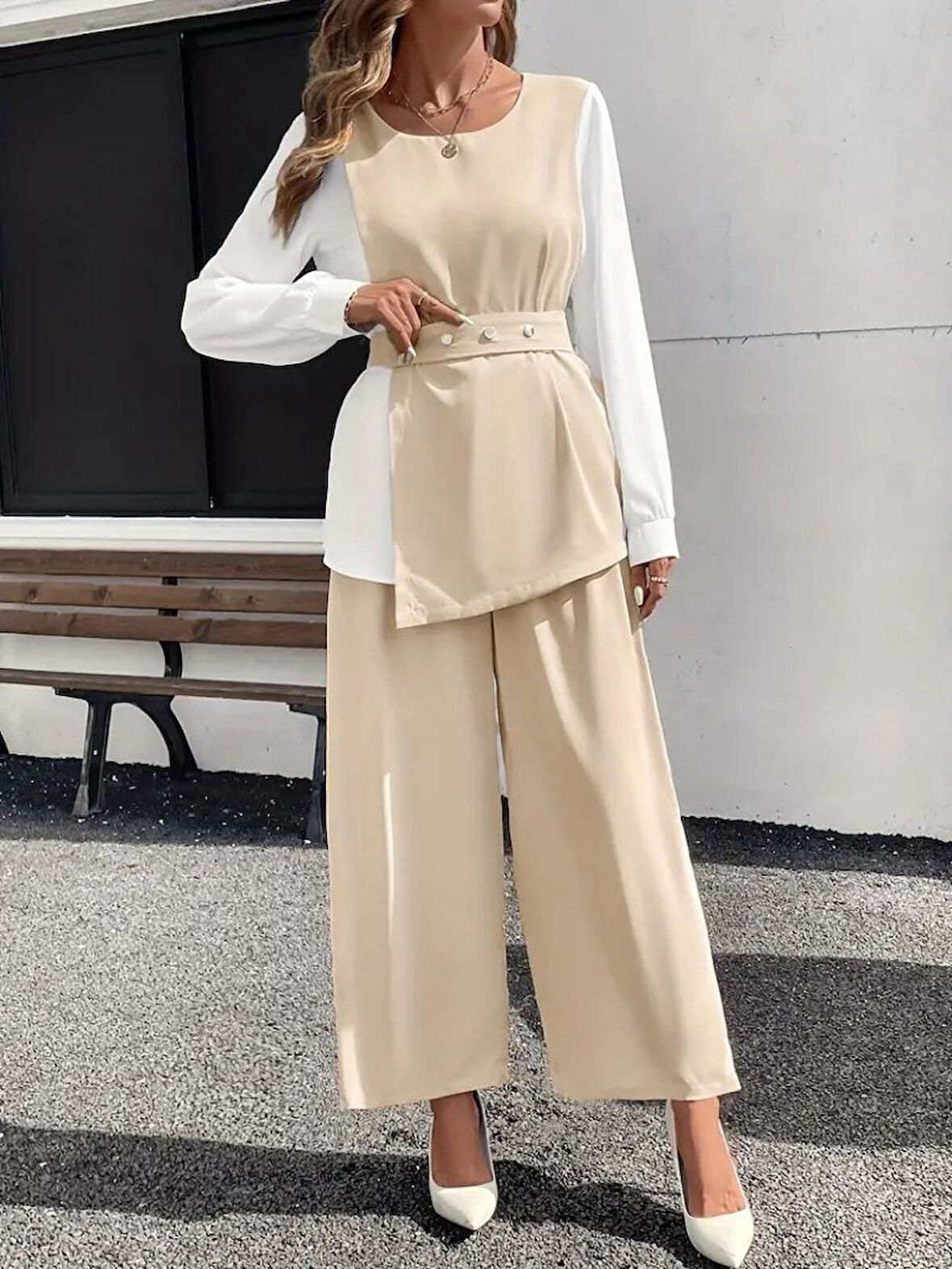 Reka Moda Kadın Uzun Kollu Açık Yakalı çift Renkli Kemerli Ithal Krep Ikili Takım