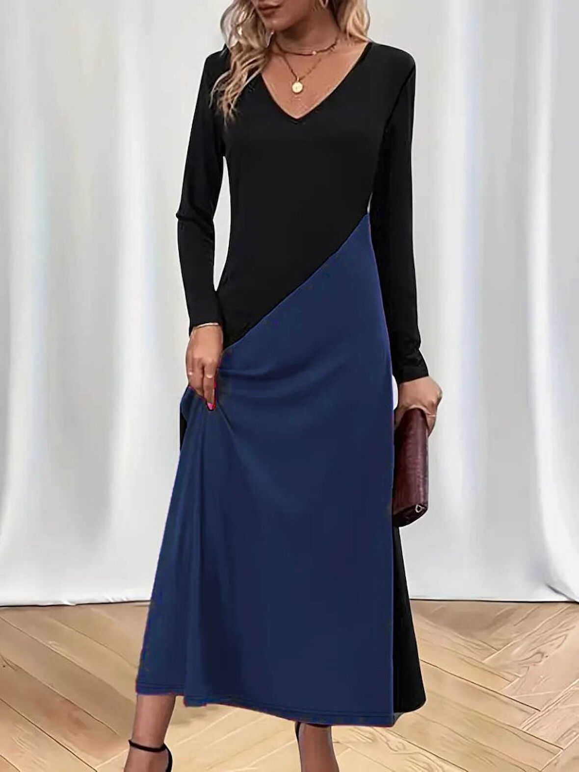 Reka Moda Kadın Uzun Kollu V Yakalı Blok Desenli Viskon Elbise