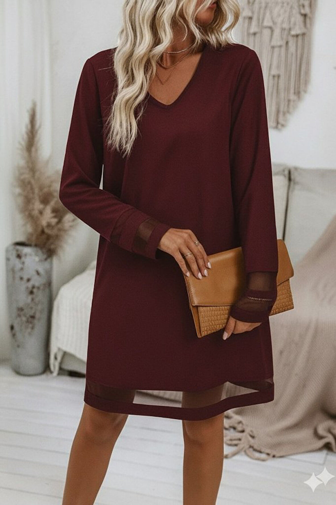 Reka Moda Kadın Uzun Kollu V Yakalı Tül şerit Detaylı Mini Krep Elbise