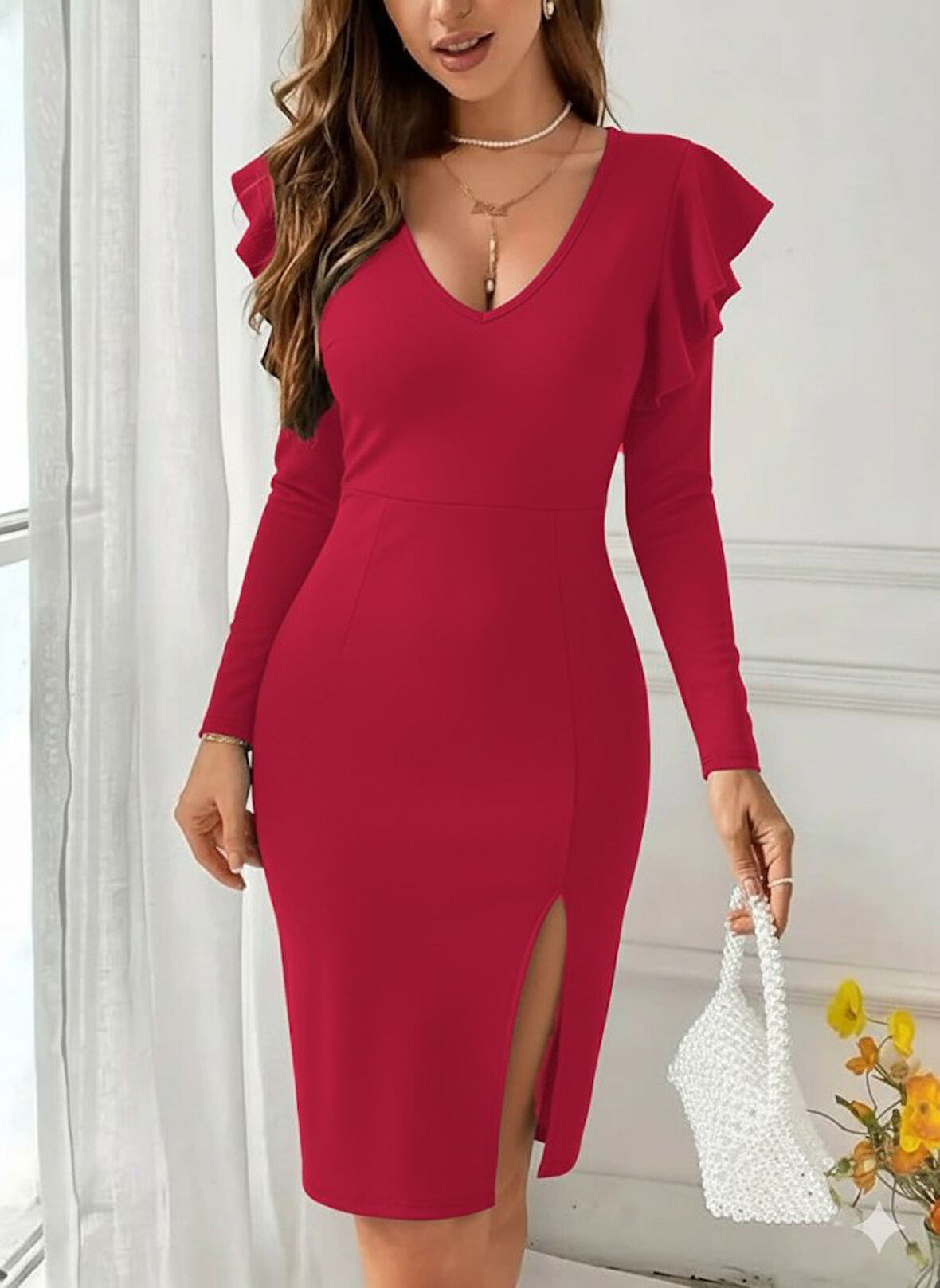 Reka Moda Kadın Uzun Kollu V Yakalı Yandan Yırtmaçlı Midi Ithal Krep Elbise