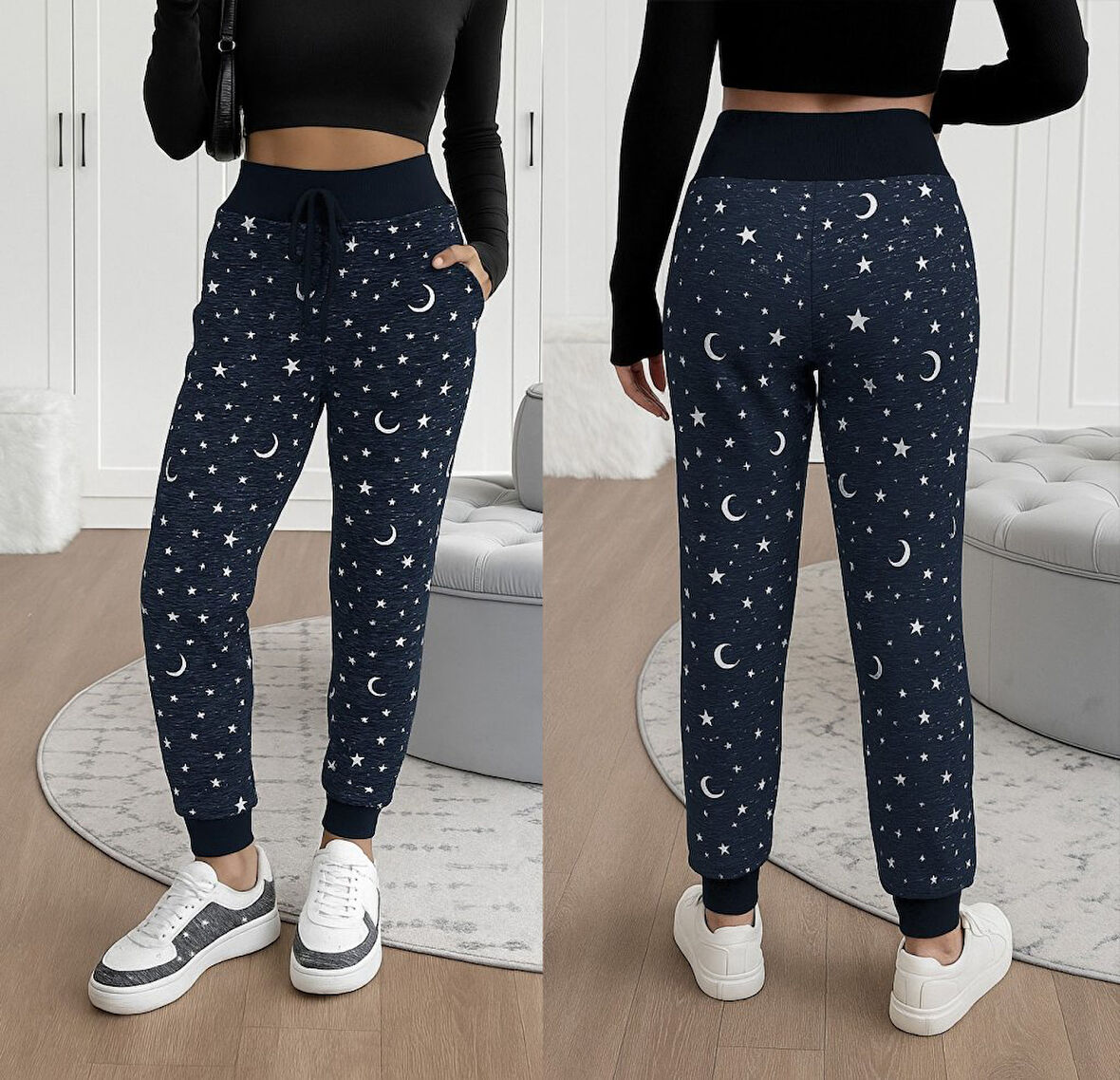 Reka Moda Kadın Yüksek Bel Bağcıklı Desenli Iki Iplik Pantolon