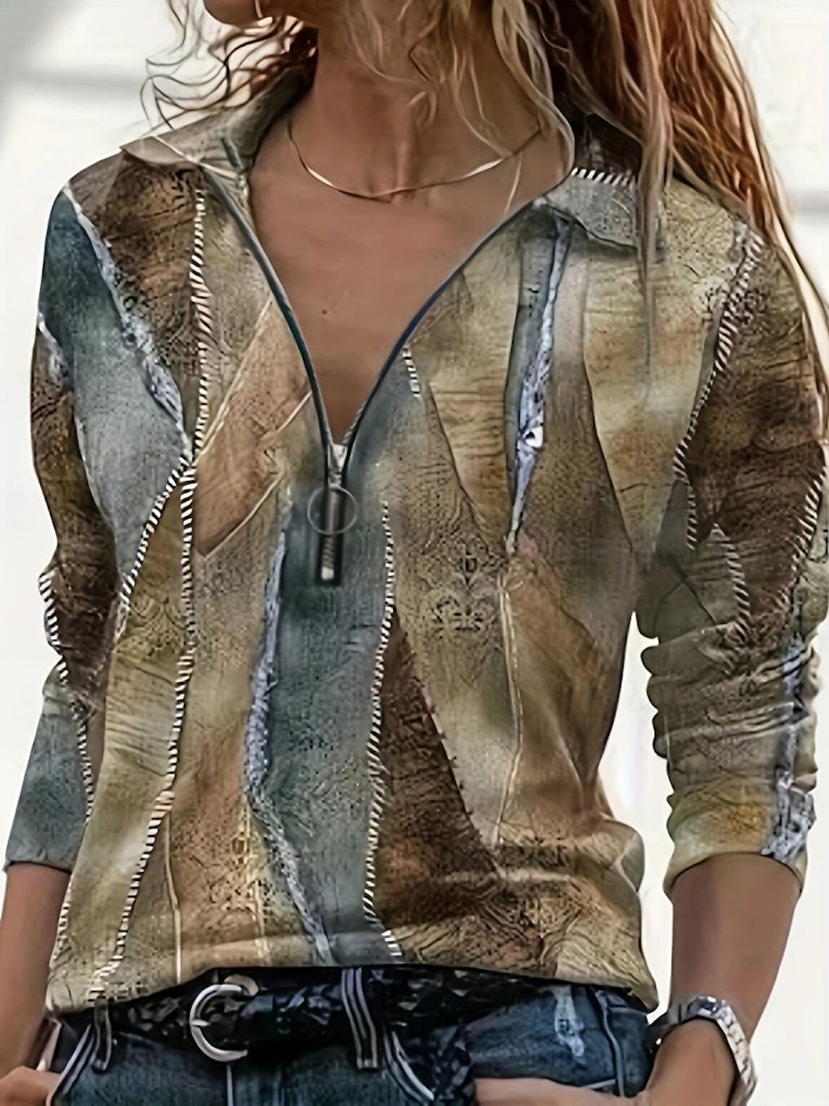 Reka Moda Kadın Uzun Kollu önden Fermuarlı Iki Iplik Bluz