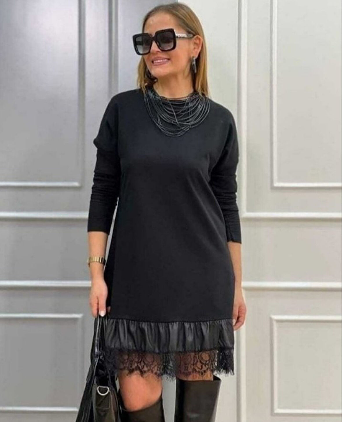 Reka Moda Kadın Uzun Kollu Bisiklet Yaka Etek Ucu Deri Dantelli Viskon Iki Iplik Midi Elbise