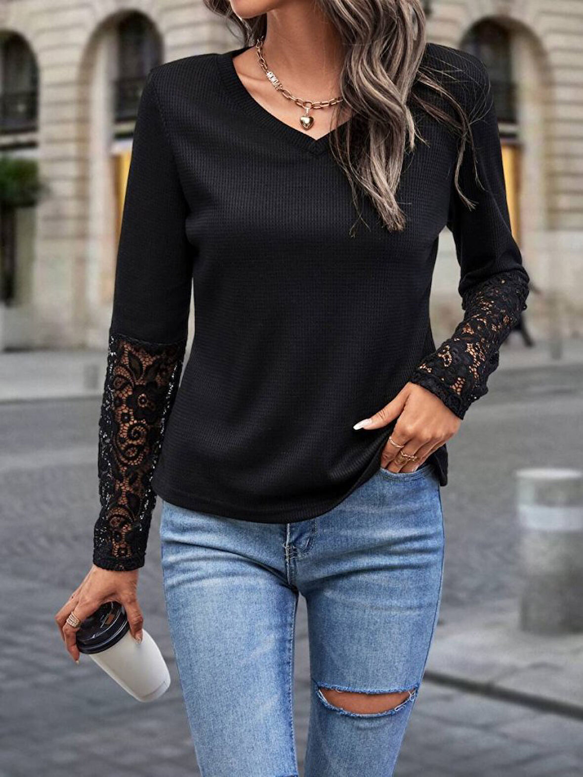 Reka Moda Kadın Uzun Kollu V Yakalı Dantelli Waffle Bluz