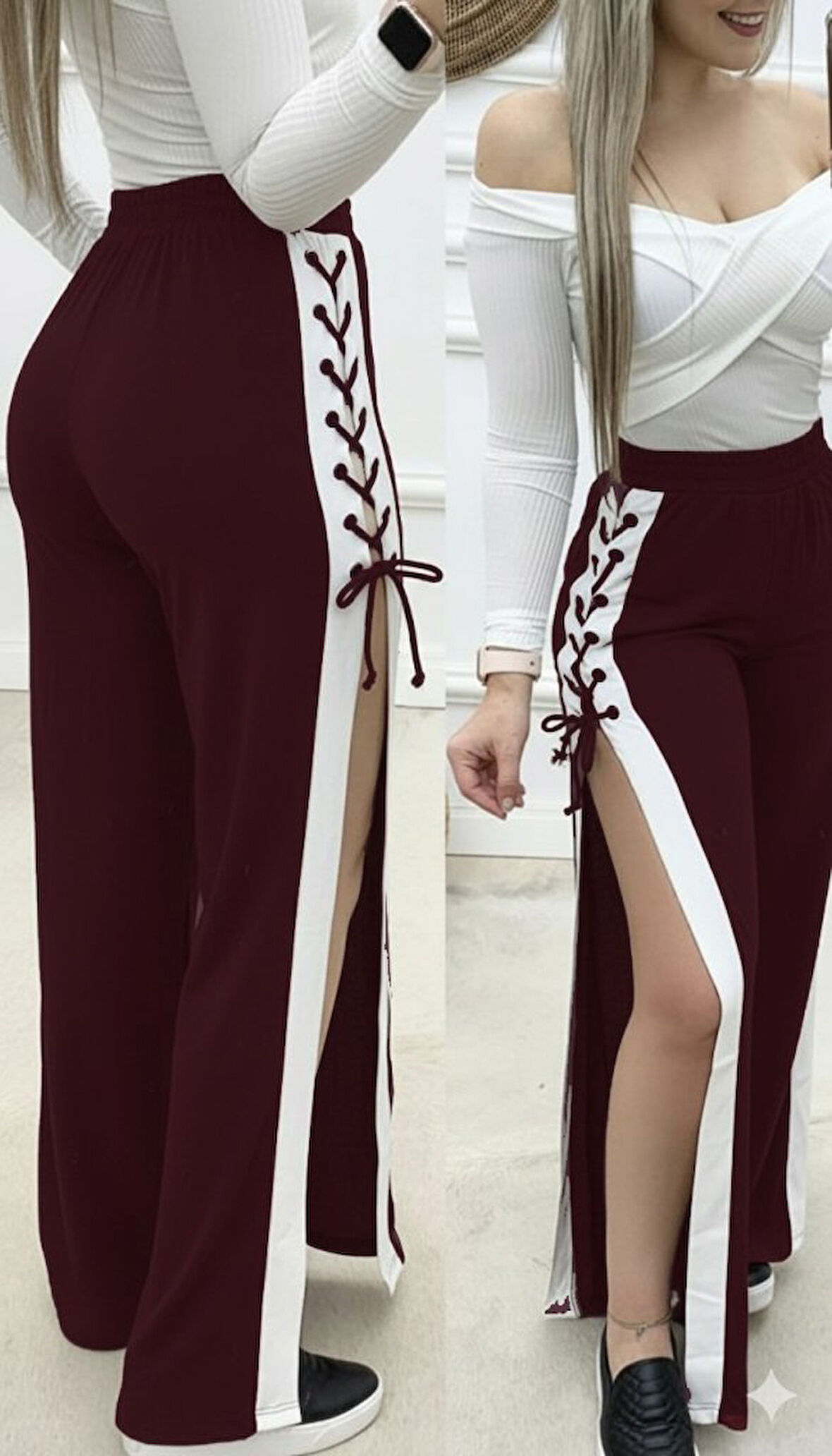 Reka Moda Kadın Yüksek Bel Yandan çapraz Bağcıklı Yırtmaçlı Viskon Iki Iplik Pantolon