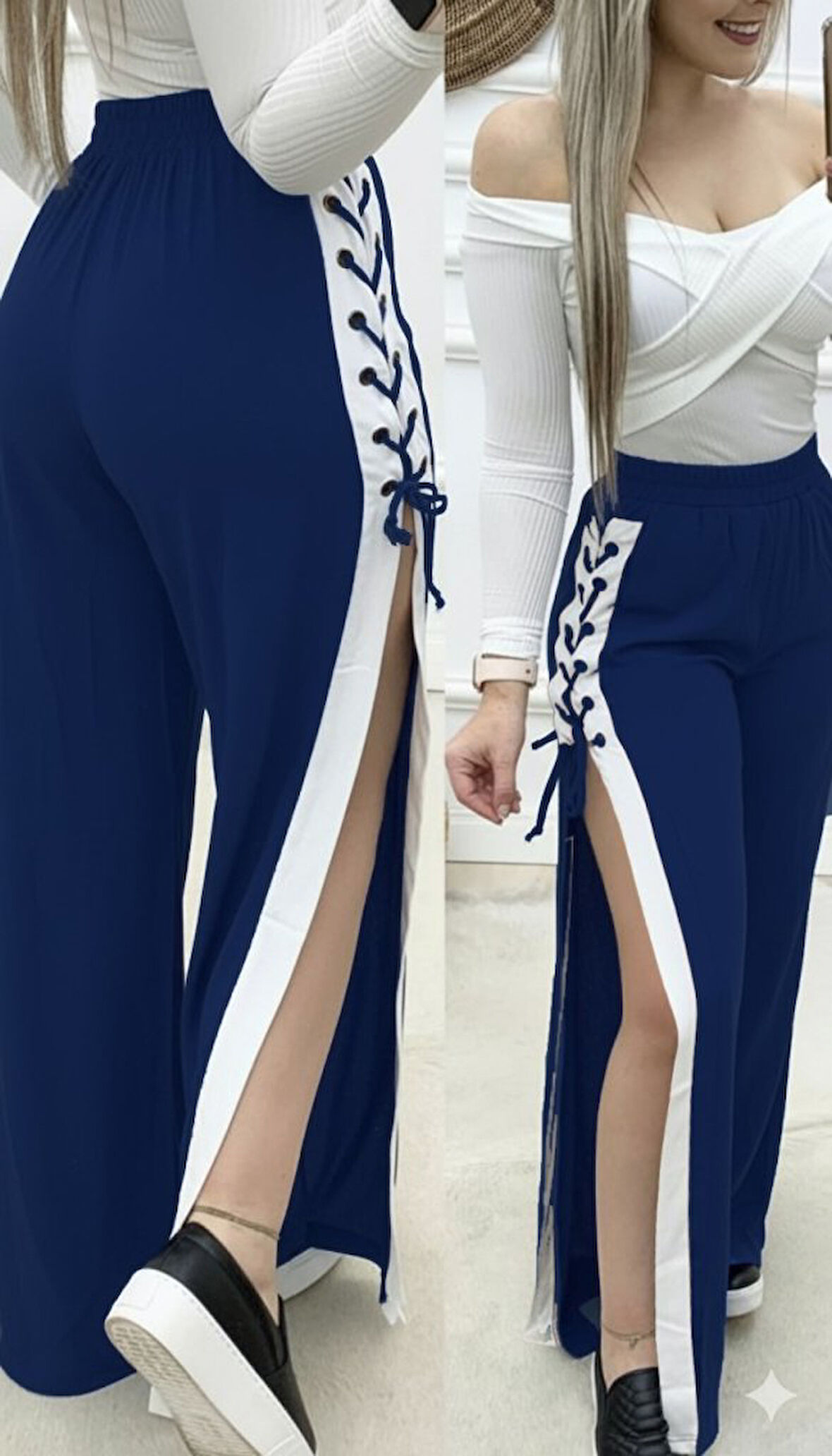 Reka Moda Kadın Yüksek Bel Yandan çapraz Bağcıklı Yırtmaçlı Viskon Iki Iplik Pantolon