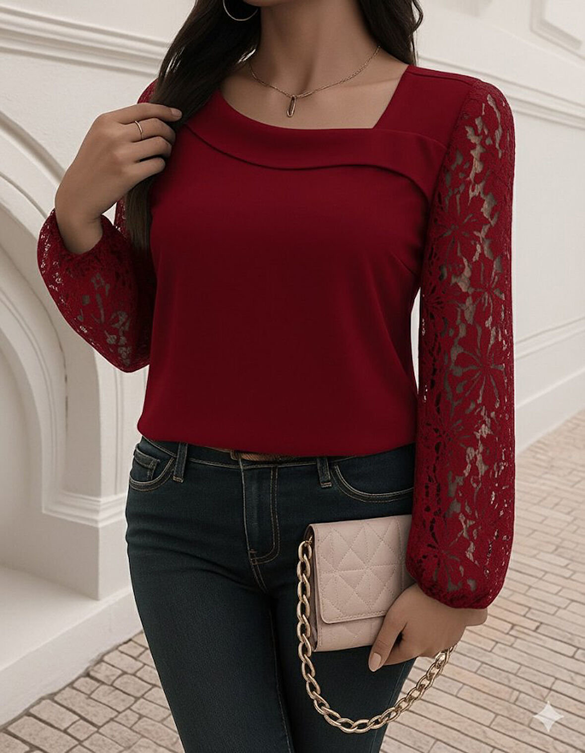 Reka Moda Kadın Uzun Kollu Asimetrik Yakalı Dantelli Ithal Krep Bluz